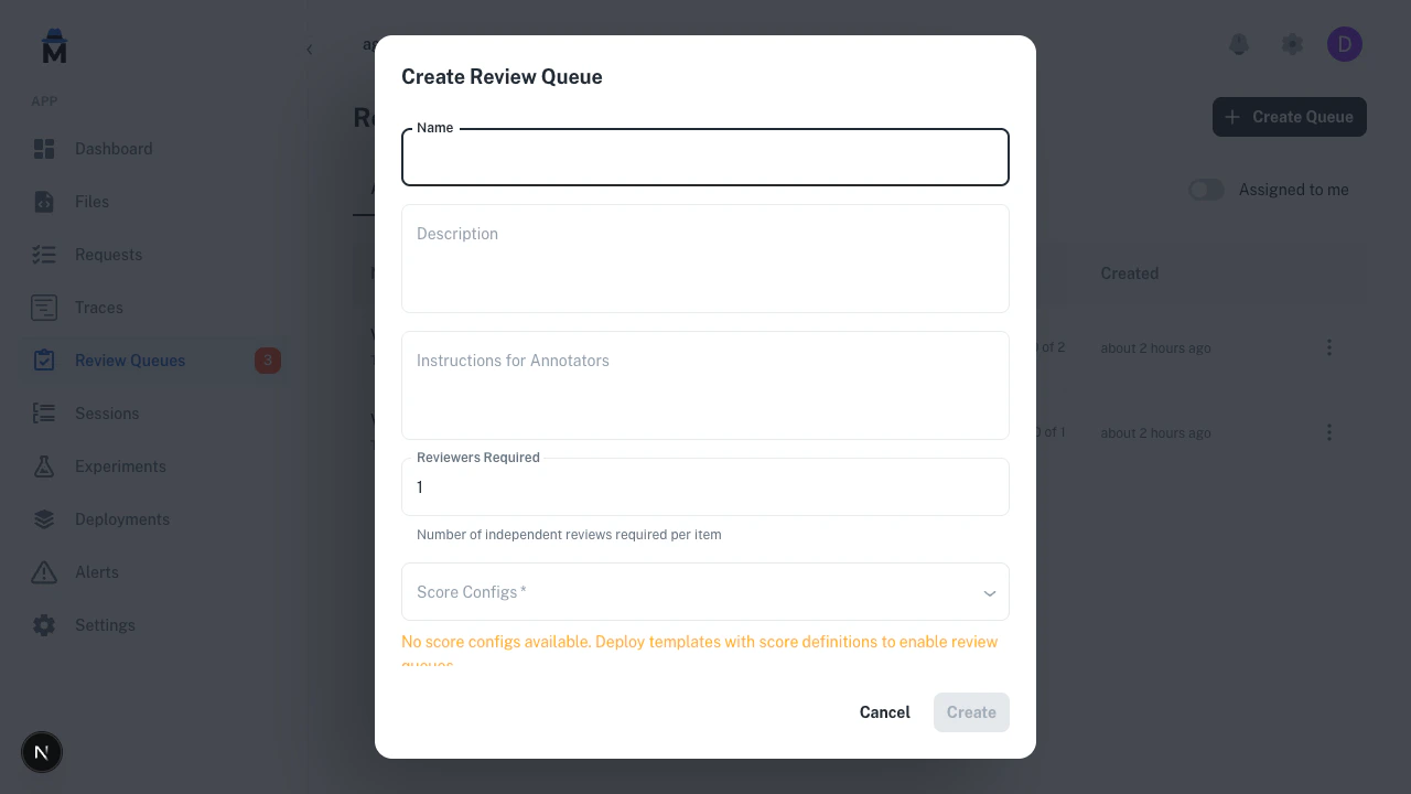 Create review queue dialog with name, instructions, reviewers required, and score config fields