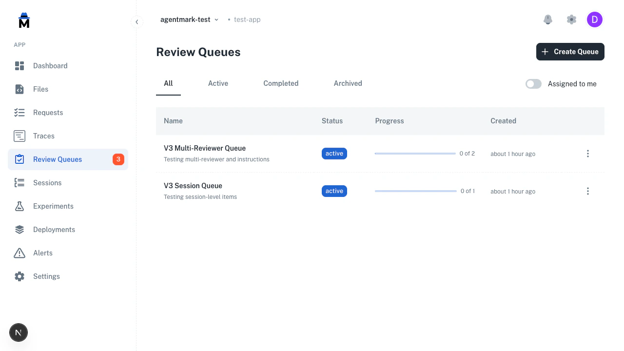 Review queues list showing active queues with progress bars and pending badge in sidebar