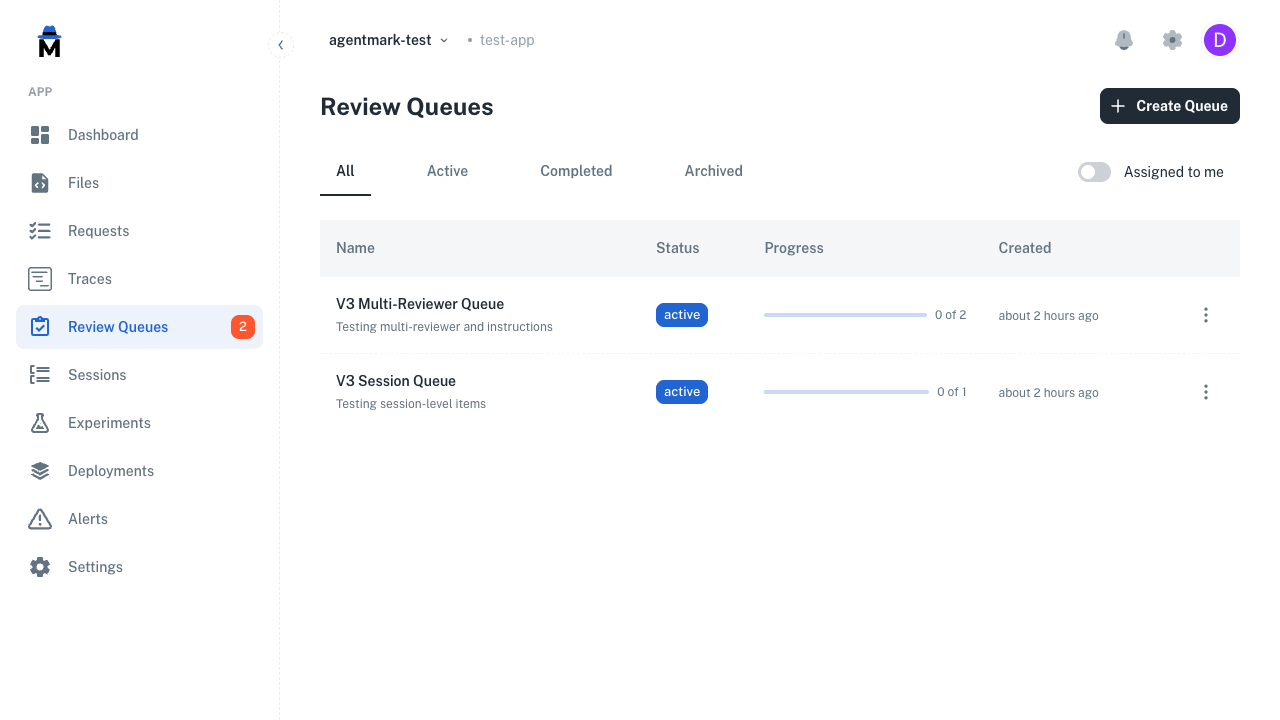 Animated walkthrough of the annotation queue review flow: queue list, detail view, and review panel