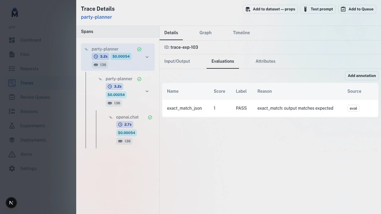 Evaluations tab in the trace drawer showing inline annotation scores alongside automated eval results