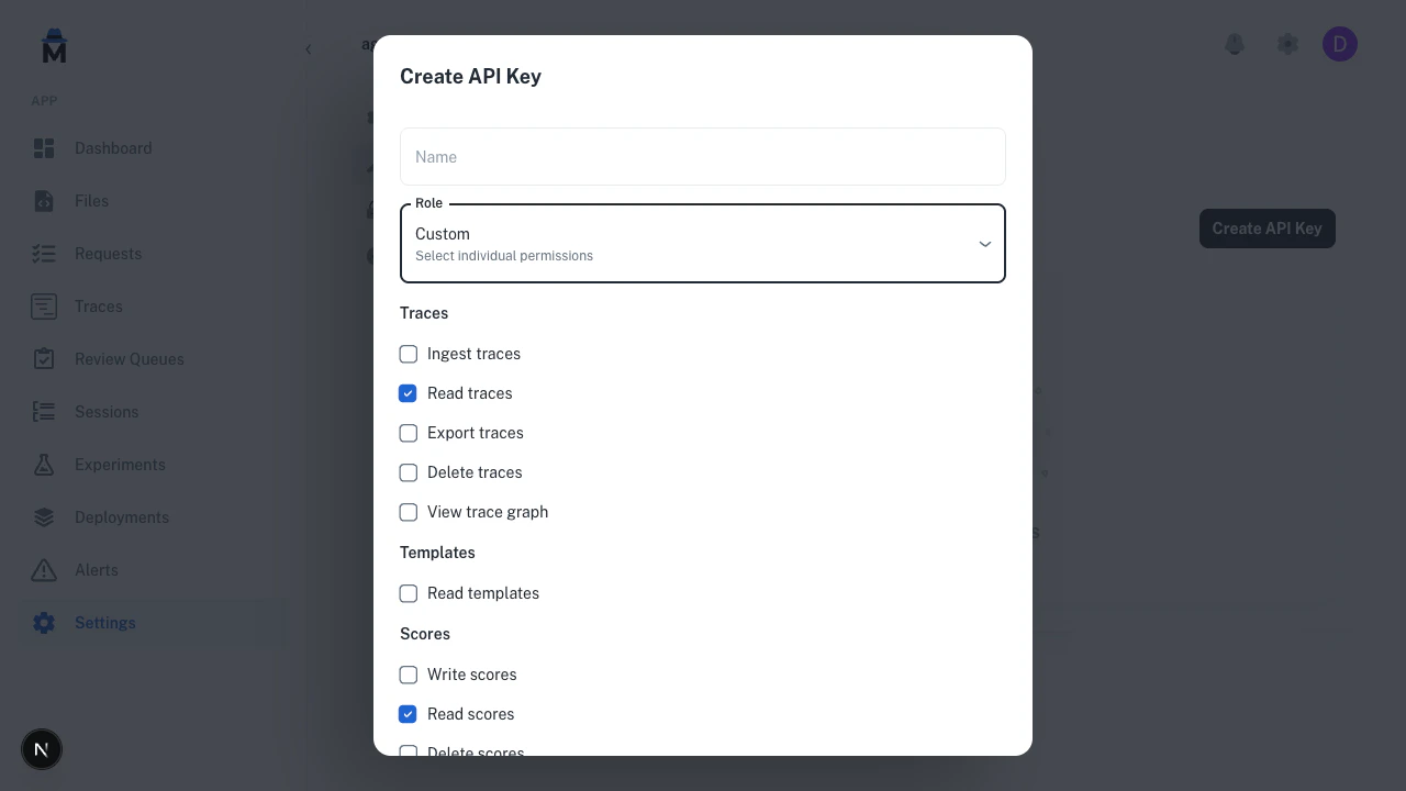 Create API Key modal with Custom role expanded, showing grouped permission checkboxes for Traces, Templates, and Scores