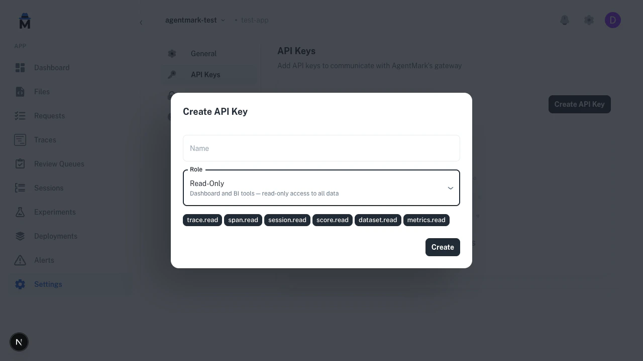 Create API Key modal with the Read-Only role selected, showing read-only permission chips across traces, spans, sessions, scores, datasets, and metrics