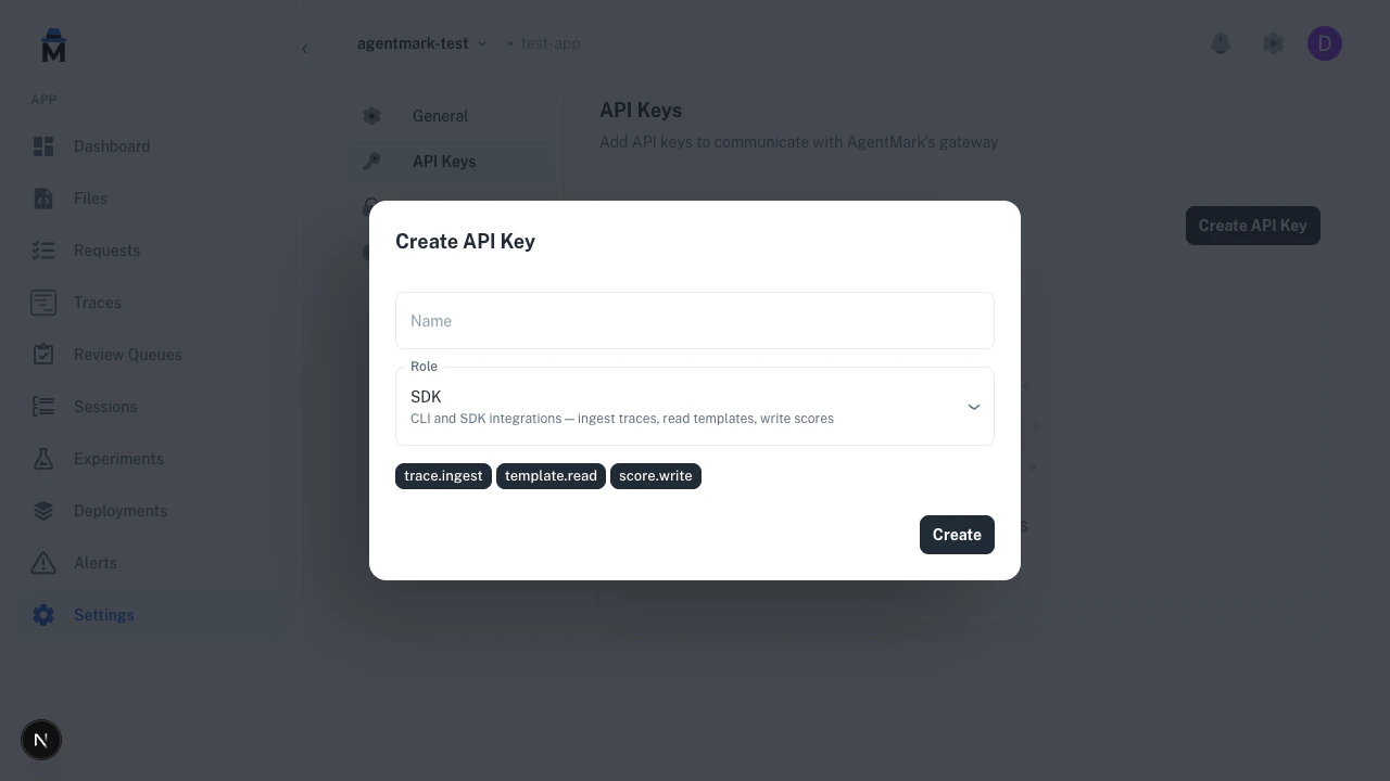 Create API Key modal with the SDK role selected, showing trace.ingest, template.read, and score.write permission chips