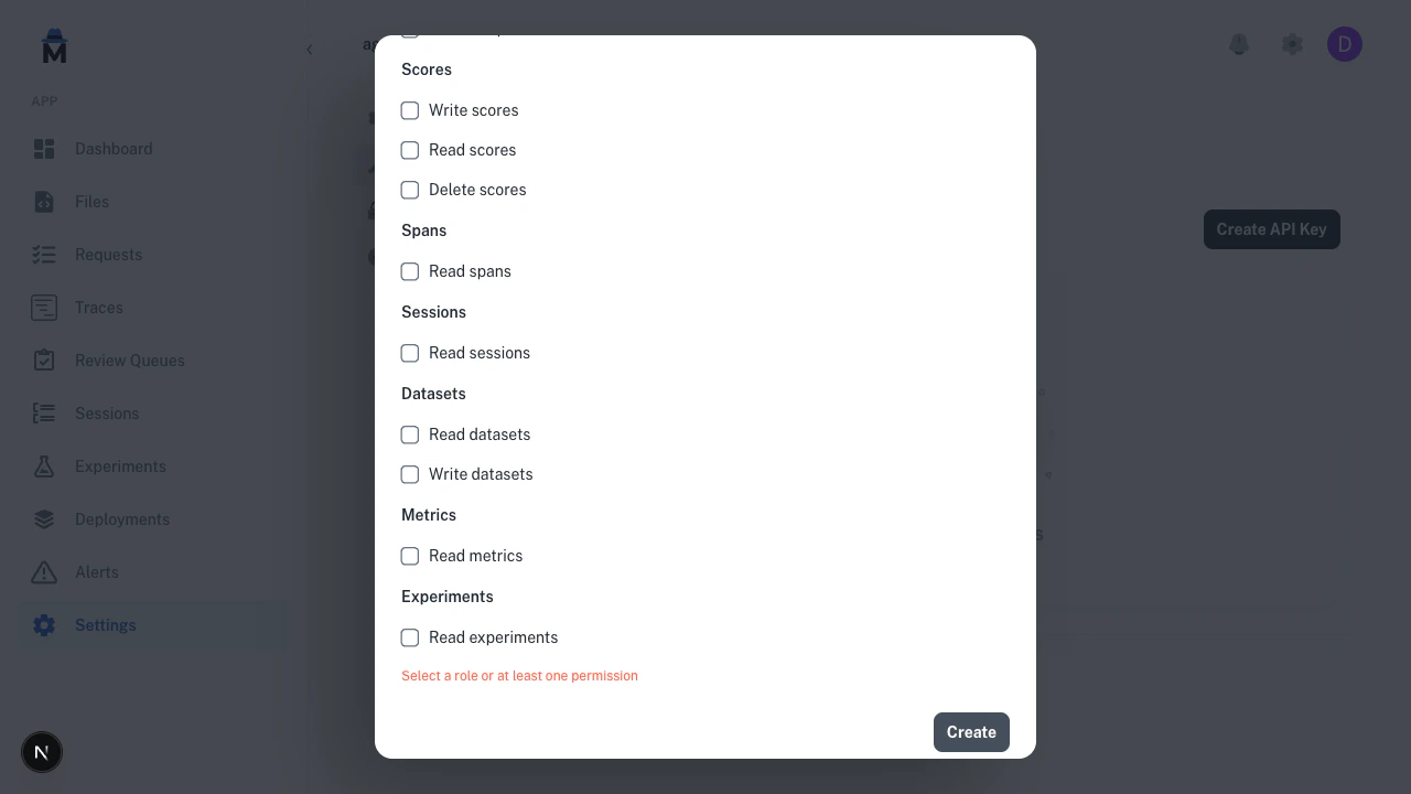 Custom permissions form scrolled to show all permission groups with a red validation error requiring at least one permission