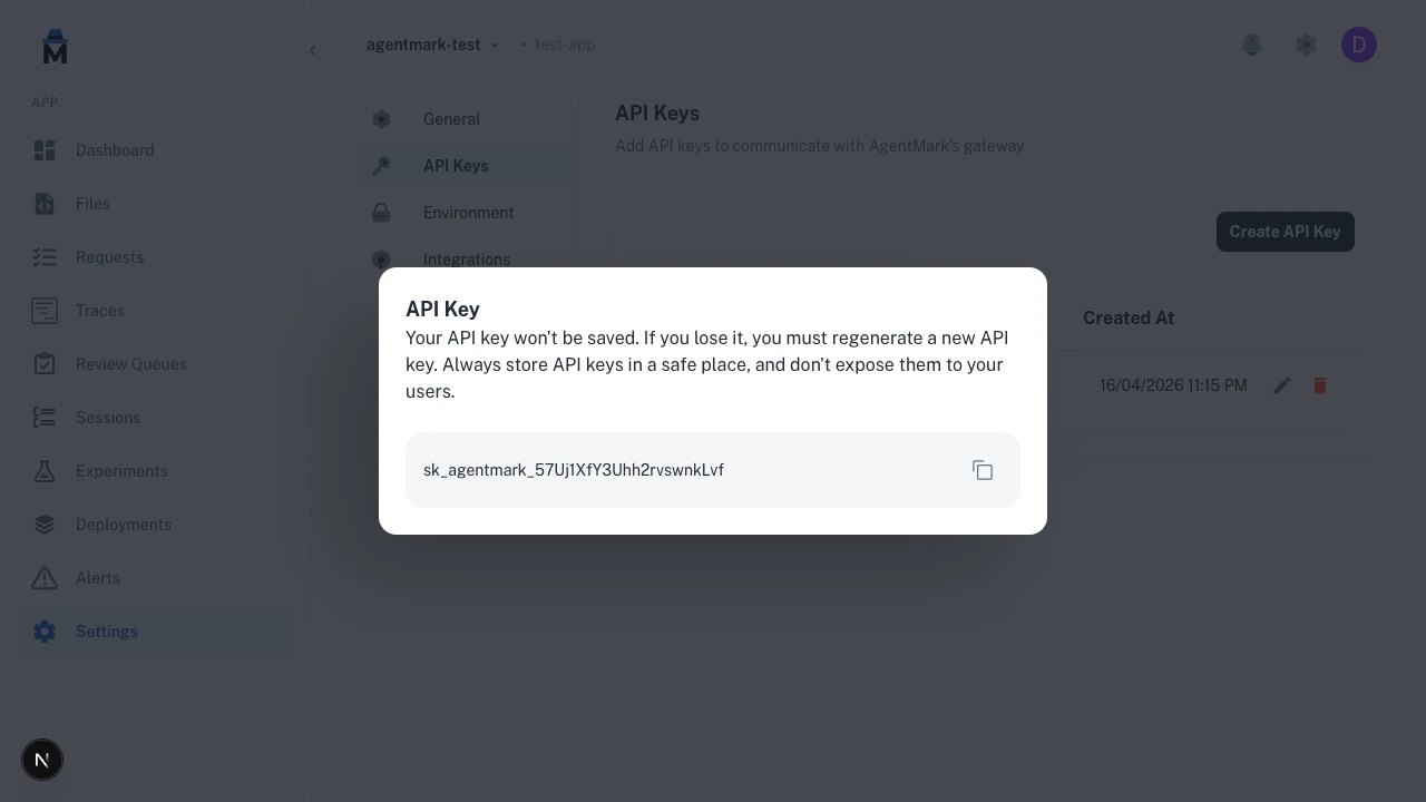 Post-create dialog showing the generated API key value with a copy icon and a warning that the key won't be saved