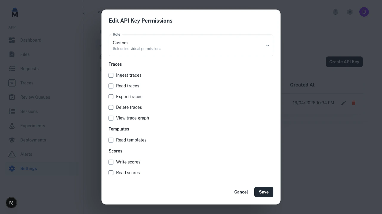 Edit API Key Permissions modal with the Custom role selected, showing ungrouped permission checkboxes