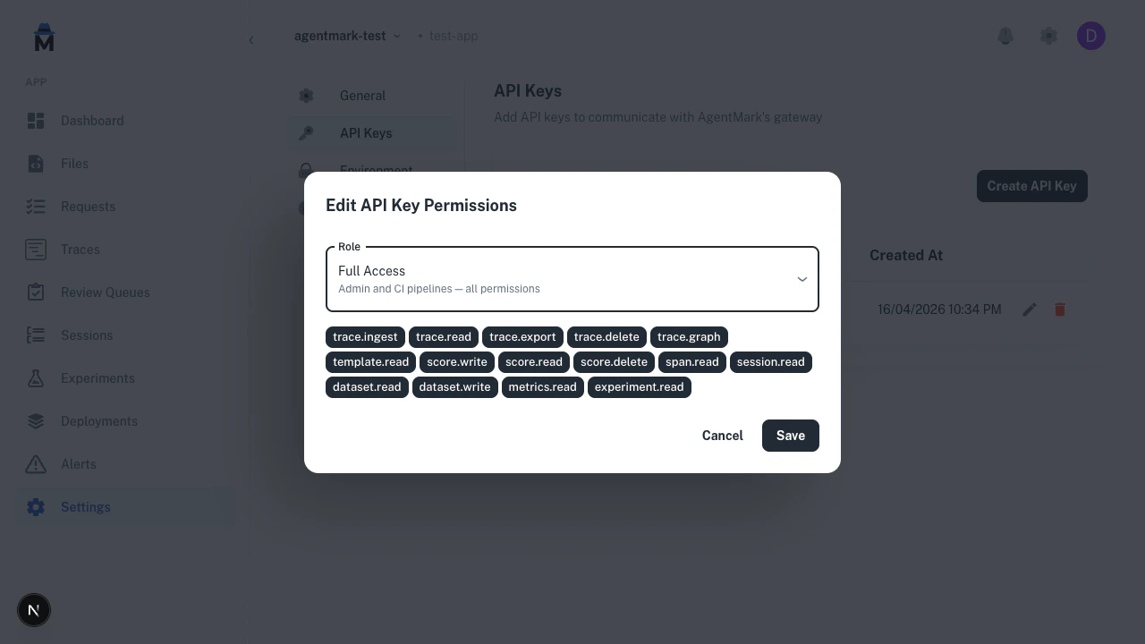 Edit API Key Permissions modal with the Full Access role selected, showing every permission chip including trace, template, score, span, session, dataset, metrics, and experiment permissions