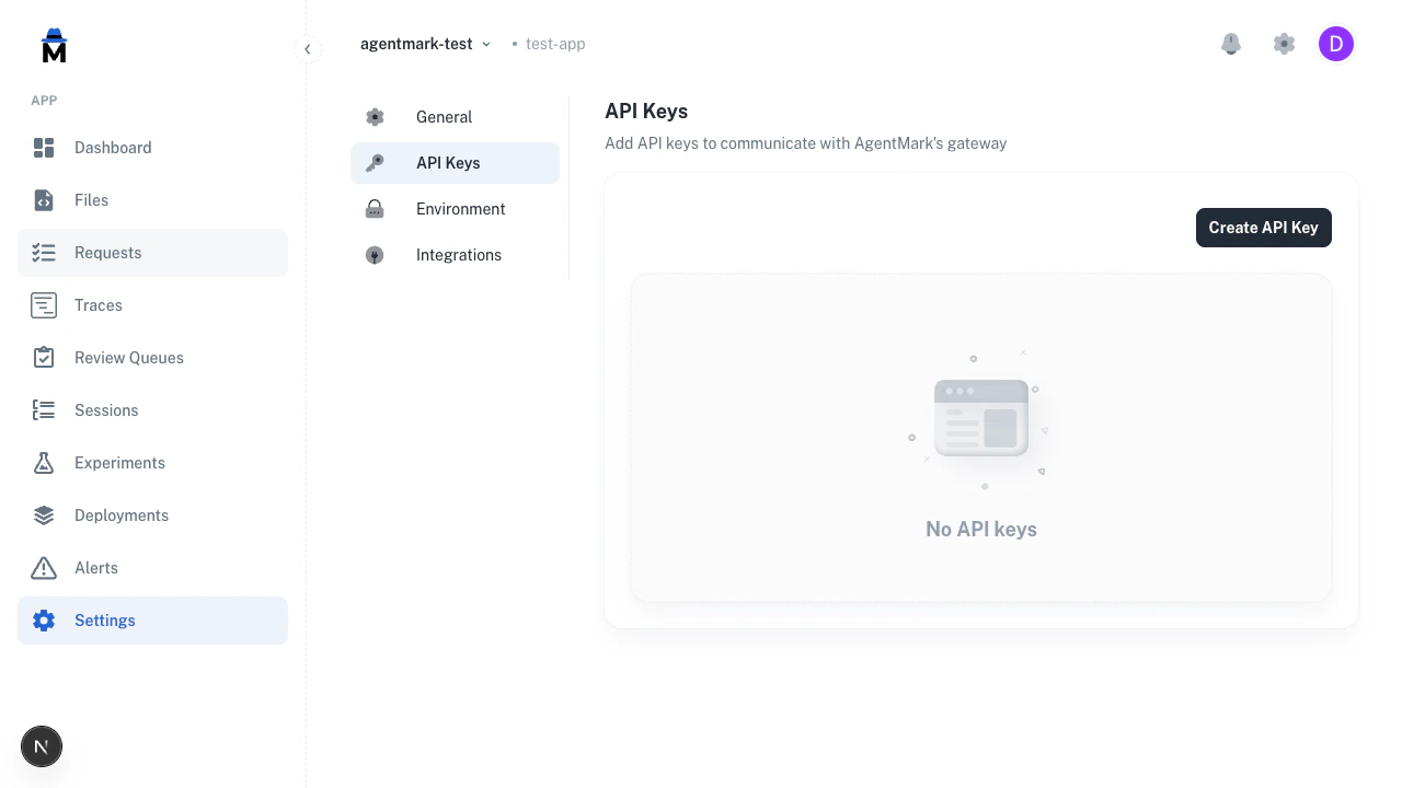 Settings > API Keys page with empty state and a Create API Key button