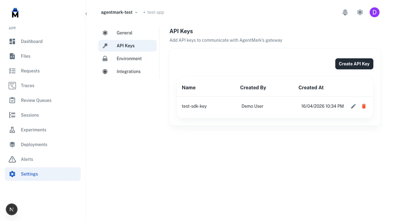 API Keys list showing a single key row with Name, Created By, and Created At columns and pencil and trash action icons