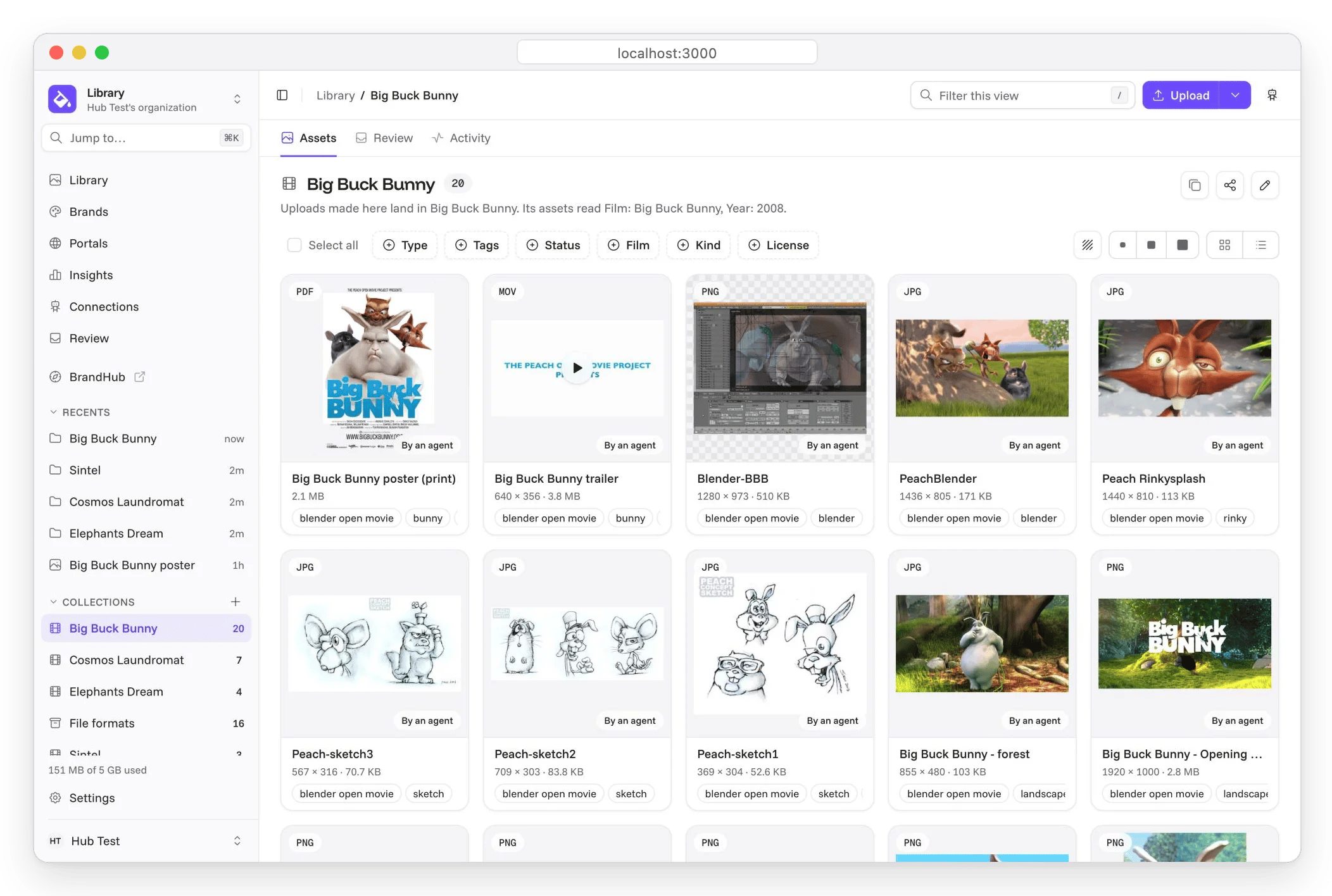 The Artbucket library: the Big Buck Bunny collection in a grid, with recents and collections in the sidebar