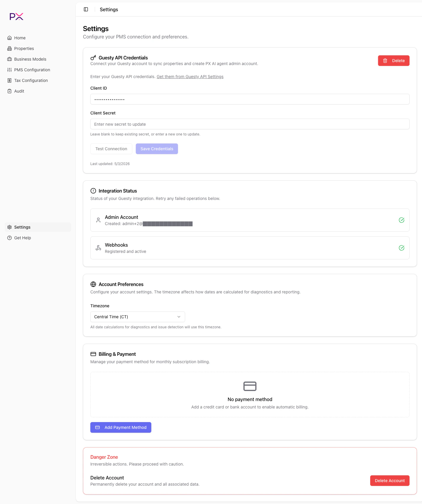 Settings page
