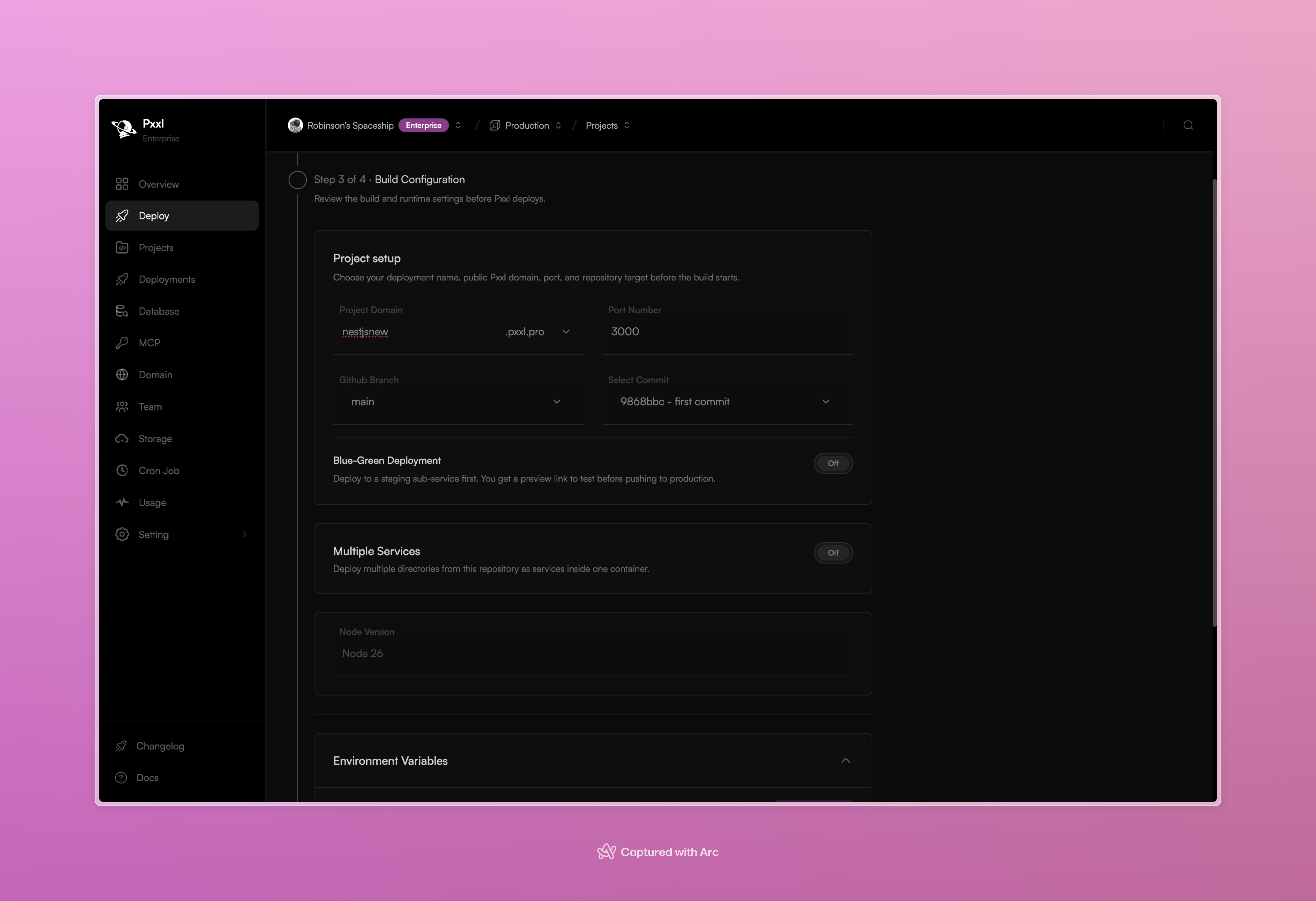 Pxxl build configuration screen showing project setup, multiple services, Node version, and environment variables.
