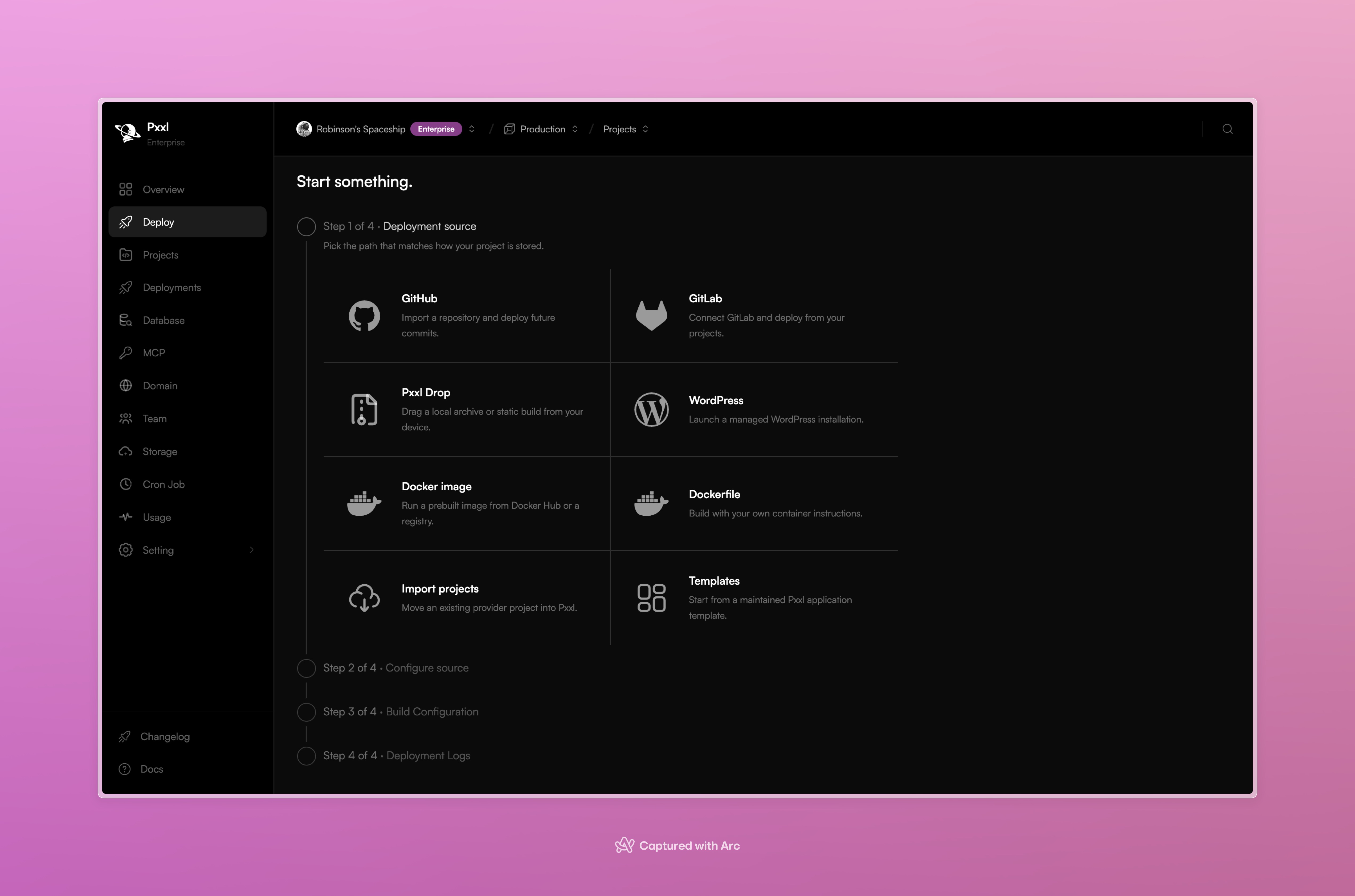 Pxxl deployment source picker showing GitHub, GitLab, Pxxl Drop, WordPress, Docker, imports, and templates.