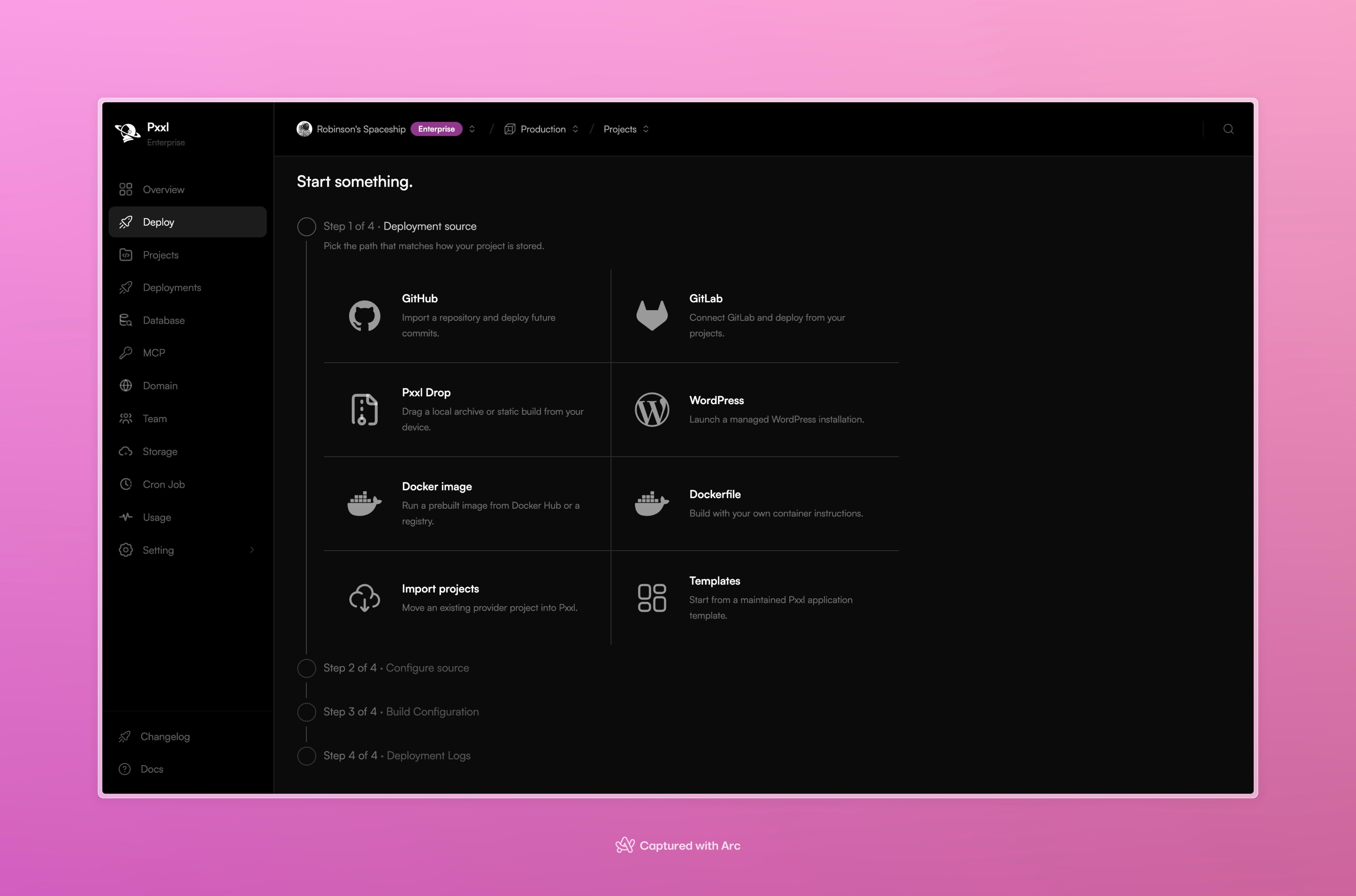 Pxxl deployment source picker showing GitHub, GitLab, Pxxl Drop, WordPress, Docker, imports, and templates.