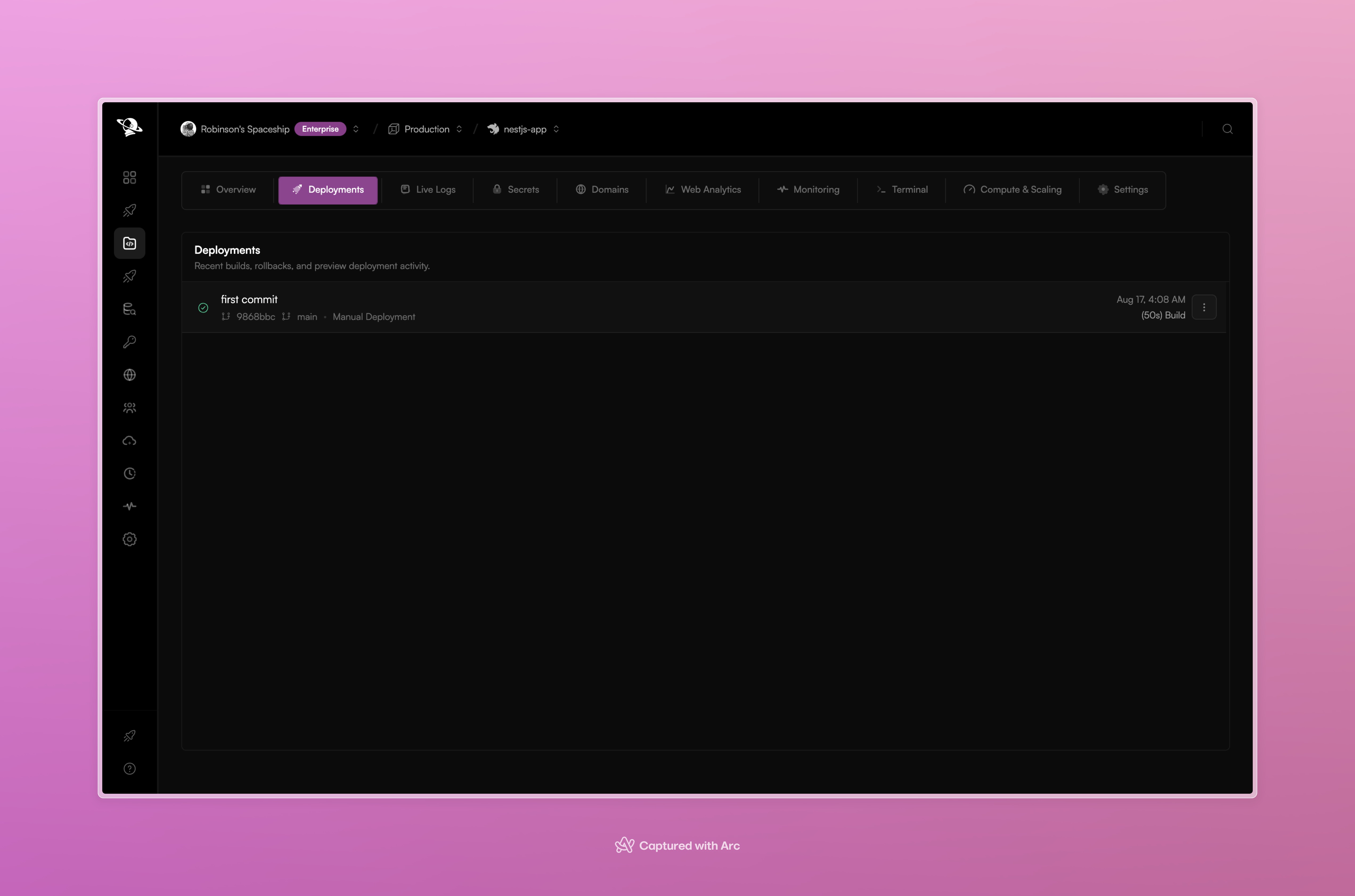 Pxxl deployments tab showing a successful deployment with commit and build duration.