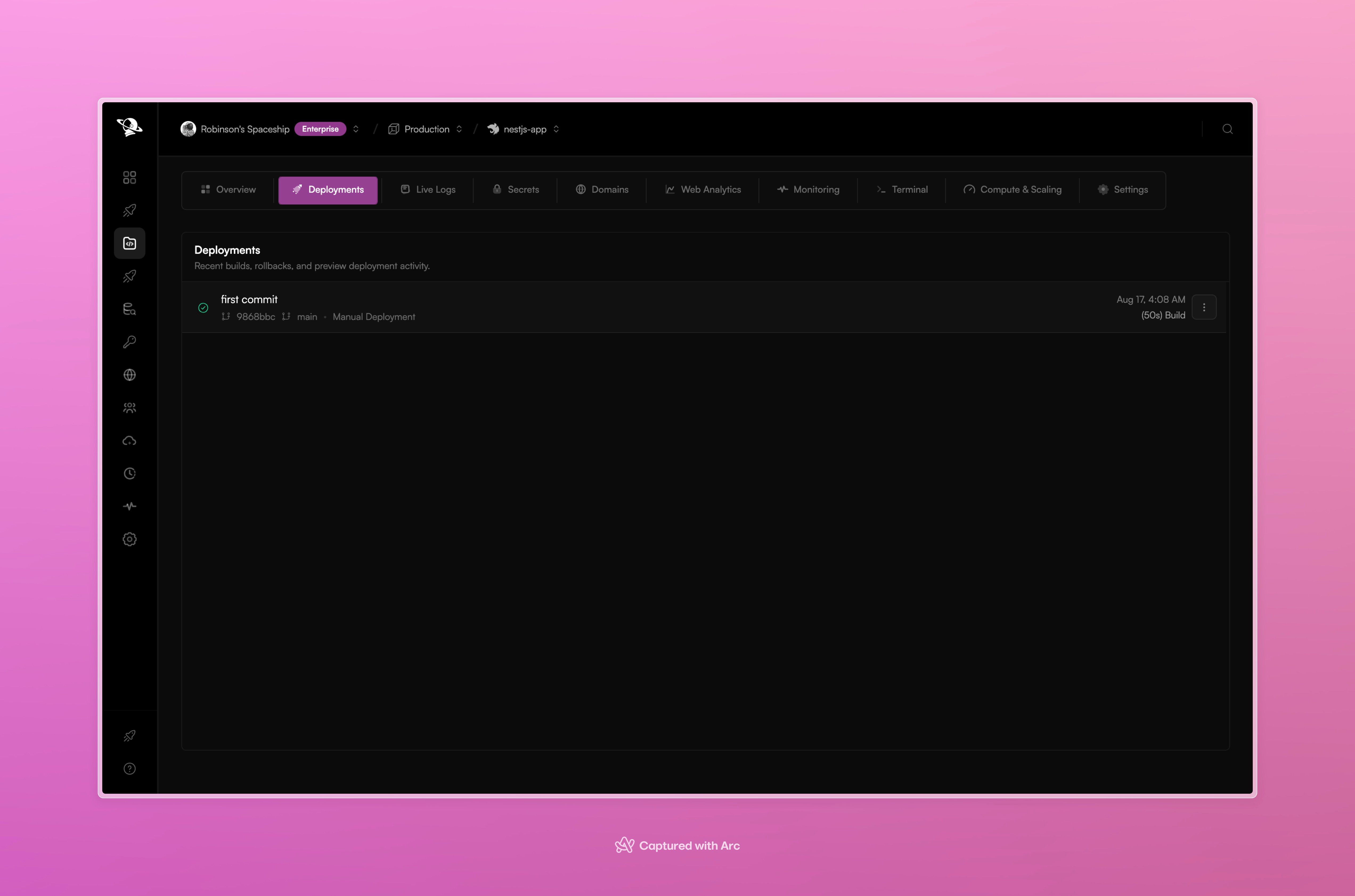 Pxxl deployments tab showing a successful deployment with commit and build duration.