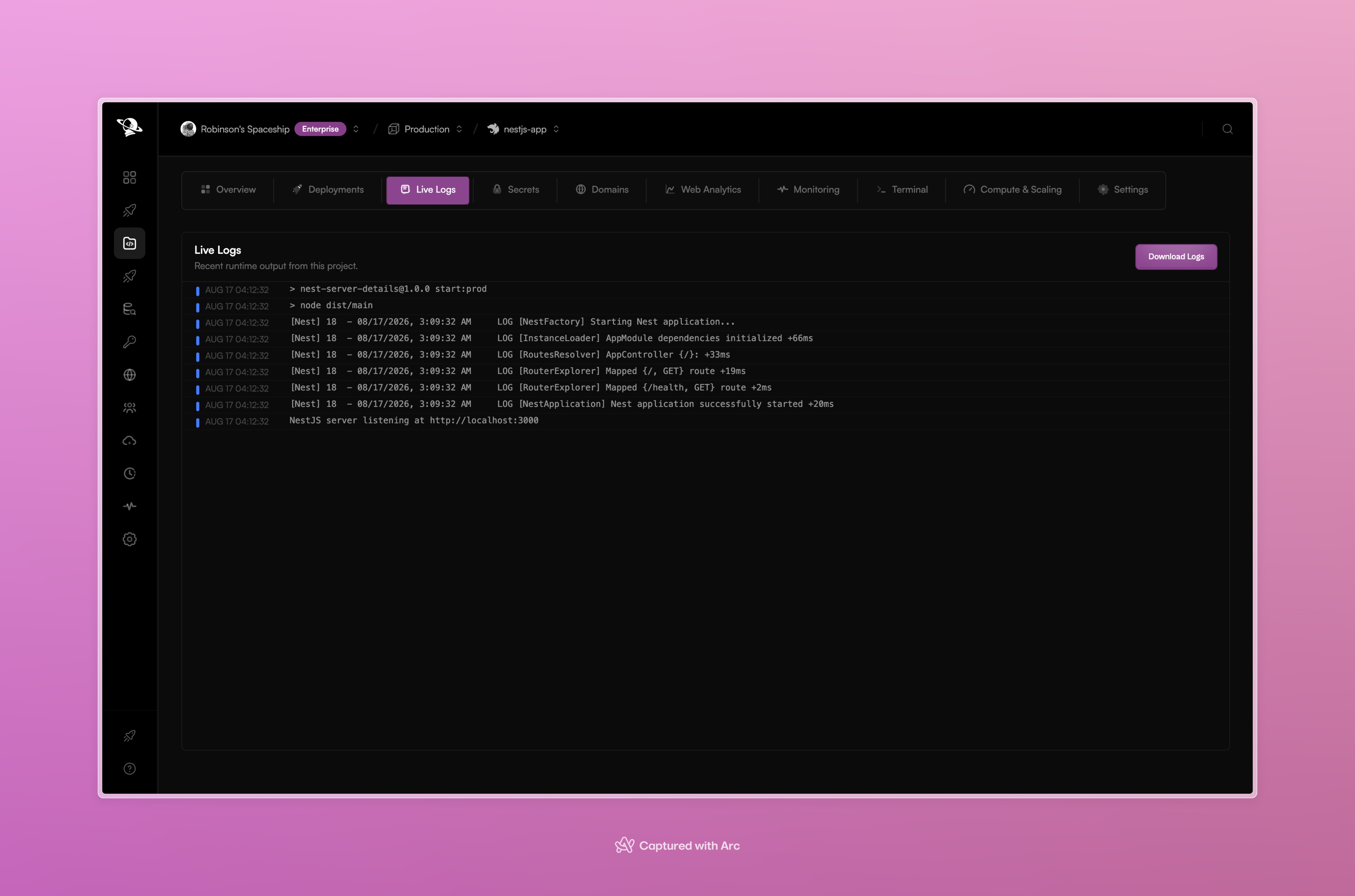 Pxxl live logs showing a NestJS application starting successfully and registering routes.