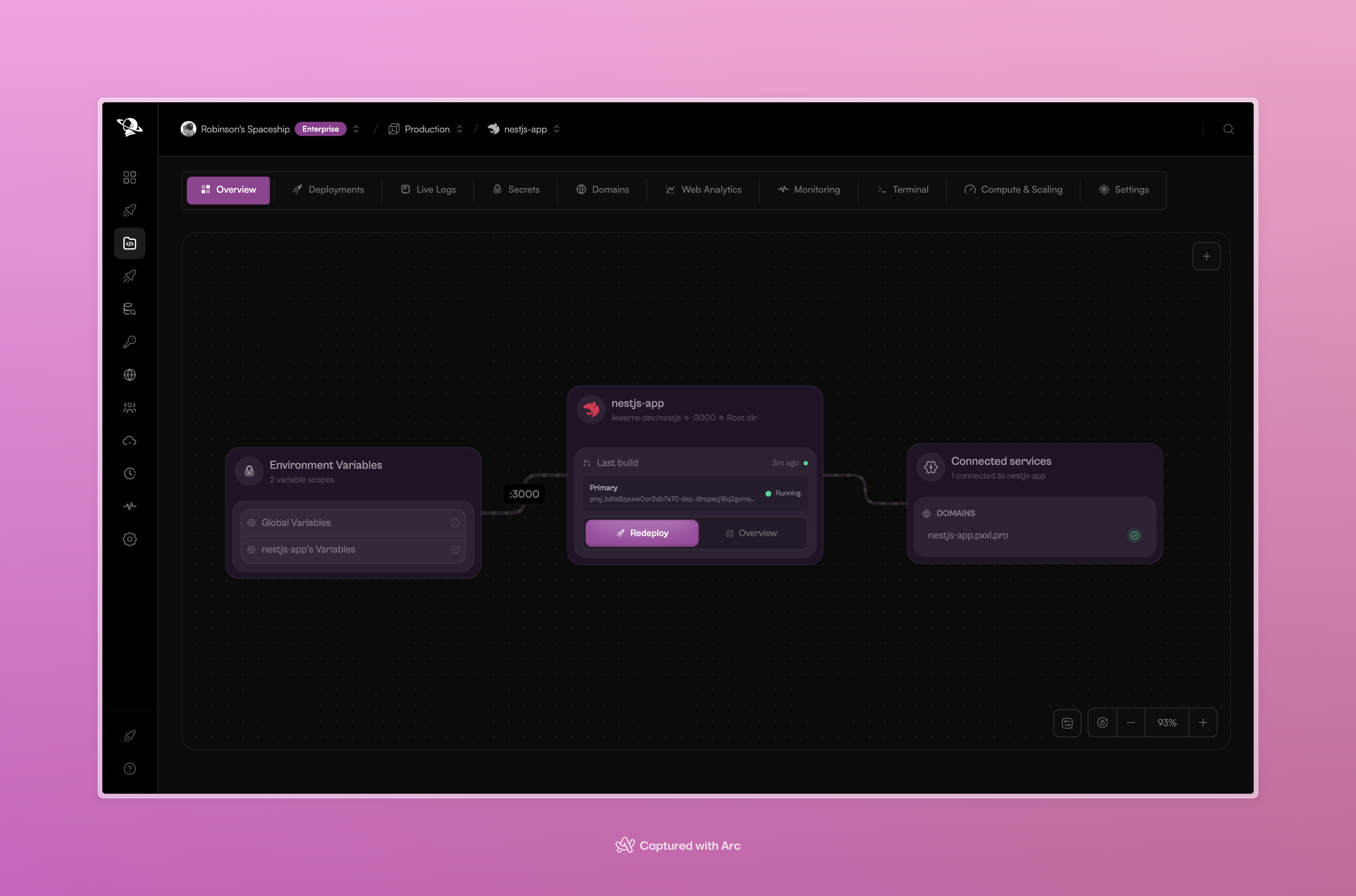 Pxxl project overview showing a deployed NestJS application and its connected services.