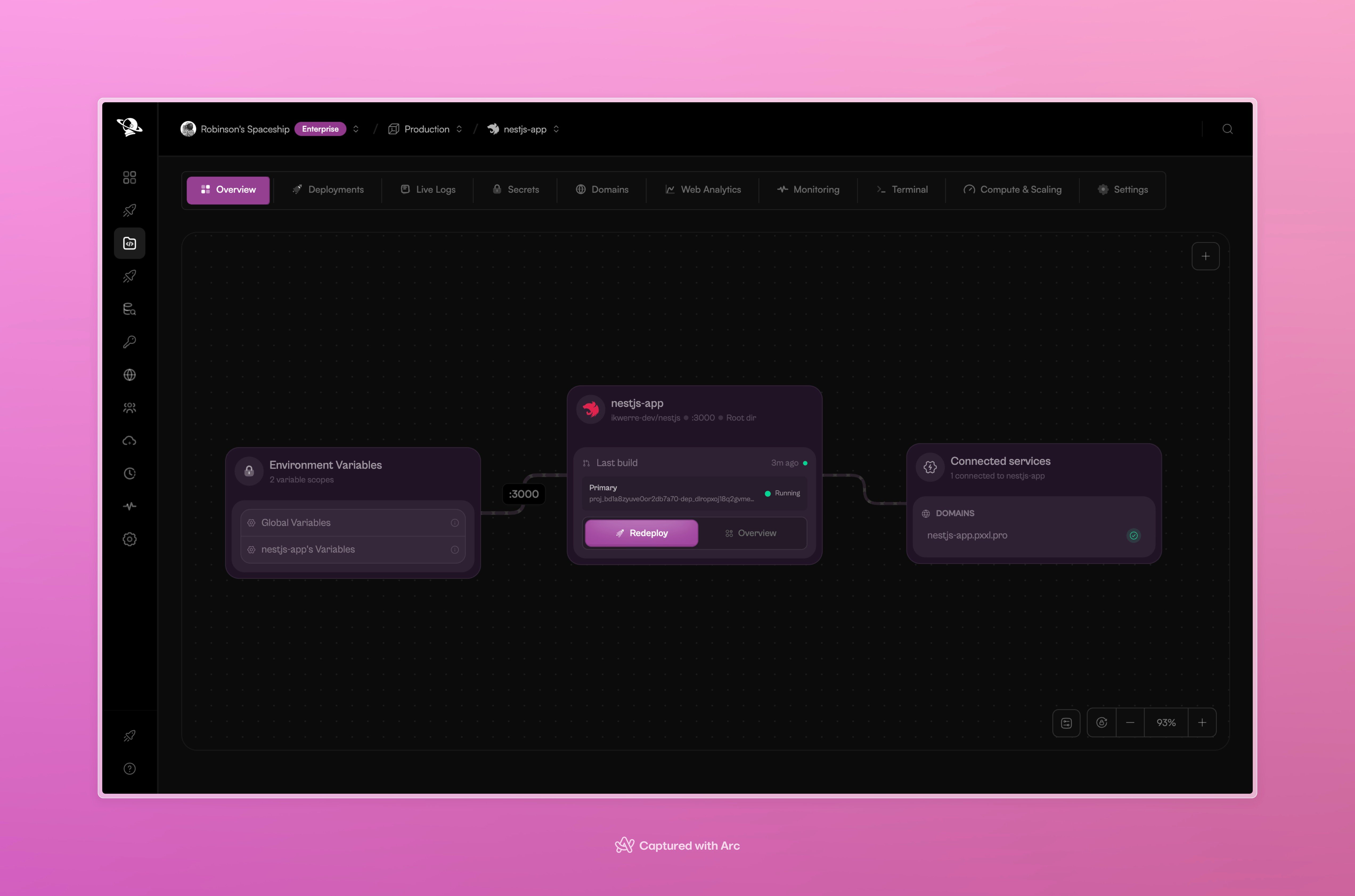 Pxxl project overview showing a deployed NestJS application and its connected services.