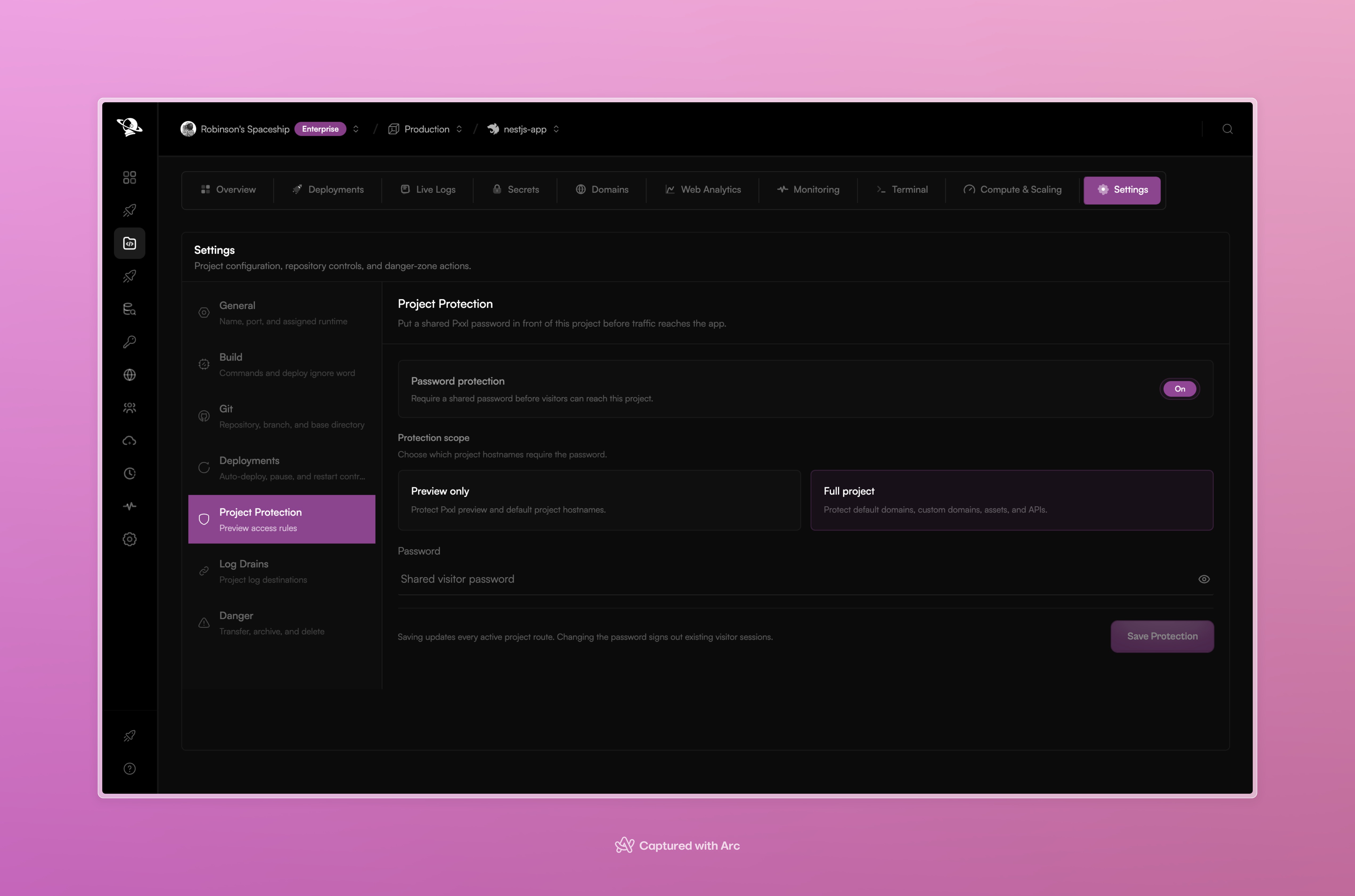 Pxxl project settings showing Project Protection enabled with preview-only and full-project scope options.