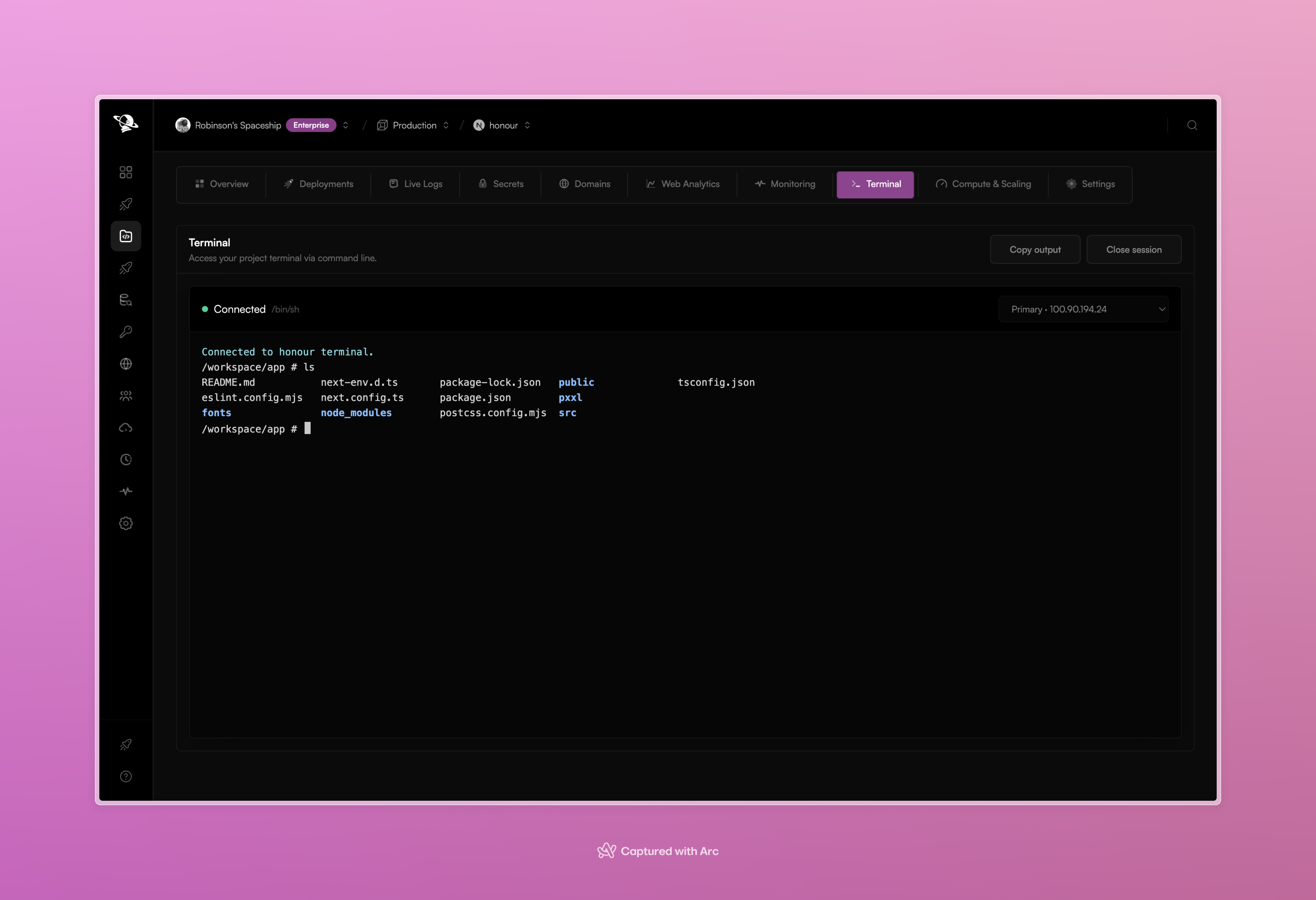 Pxxl terminal screen connected to a project runtime with a shell prompt and file listing.