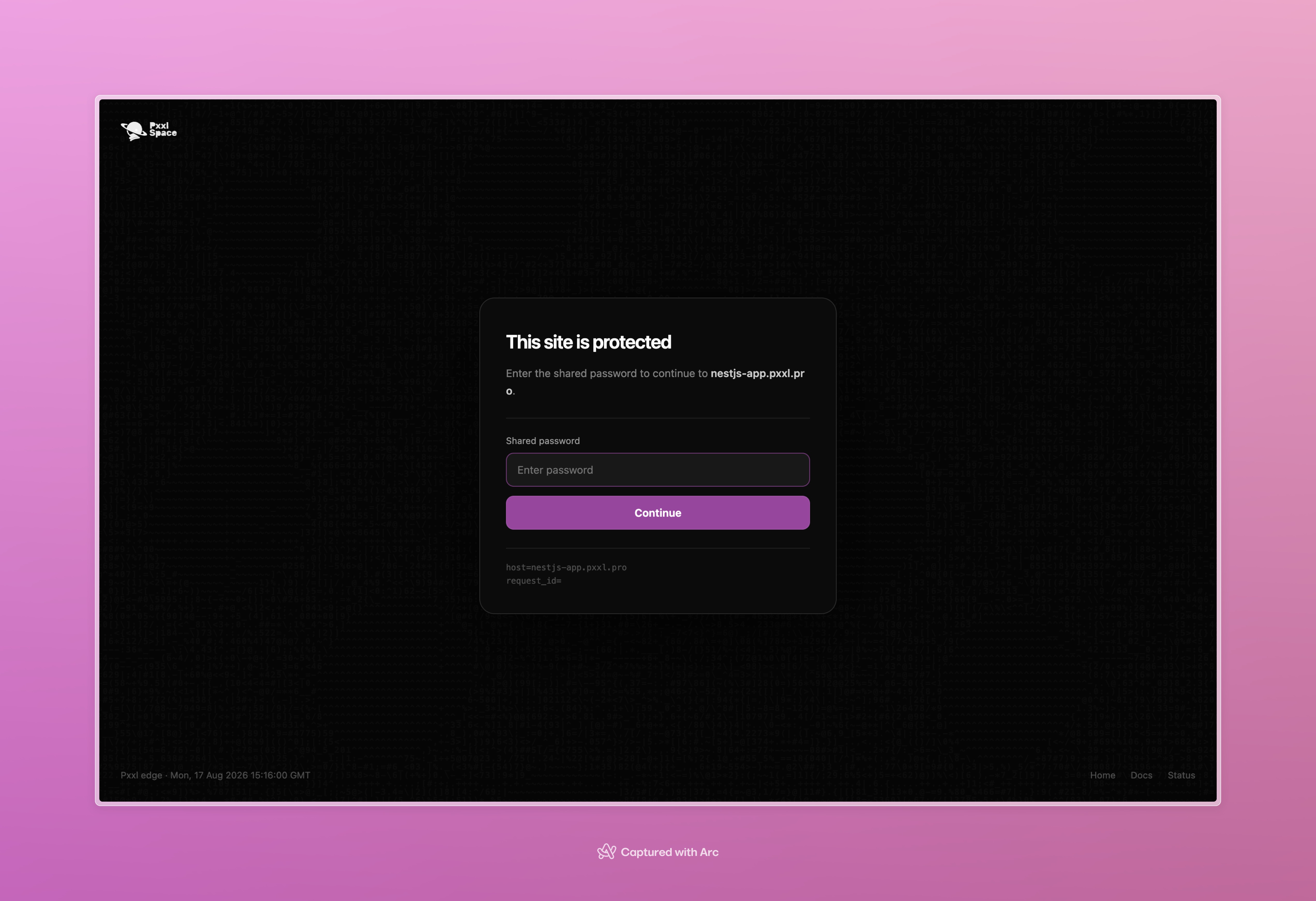 Pxxl Edge shared password page shown before a protected application loads.