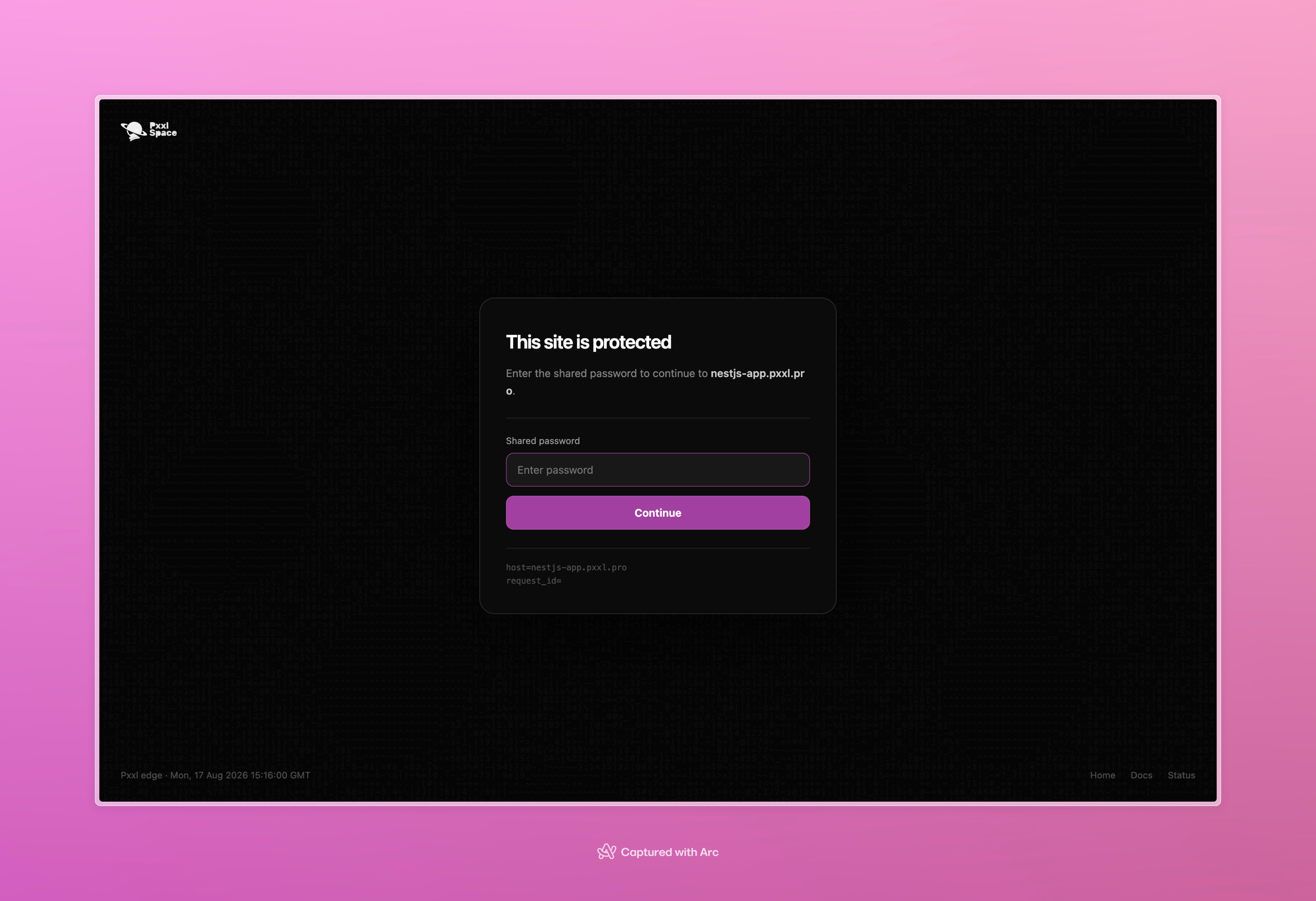 Pxxl Edge shared password page shown before a protected application loads.
