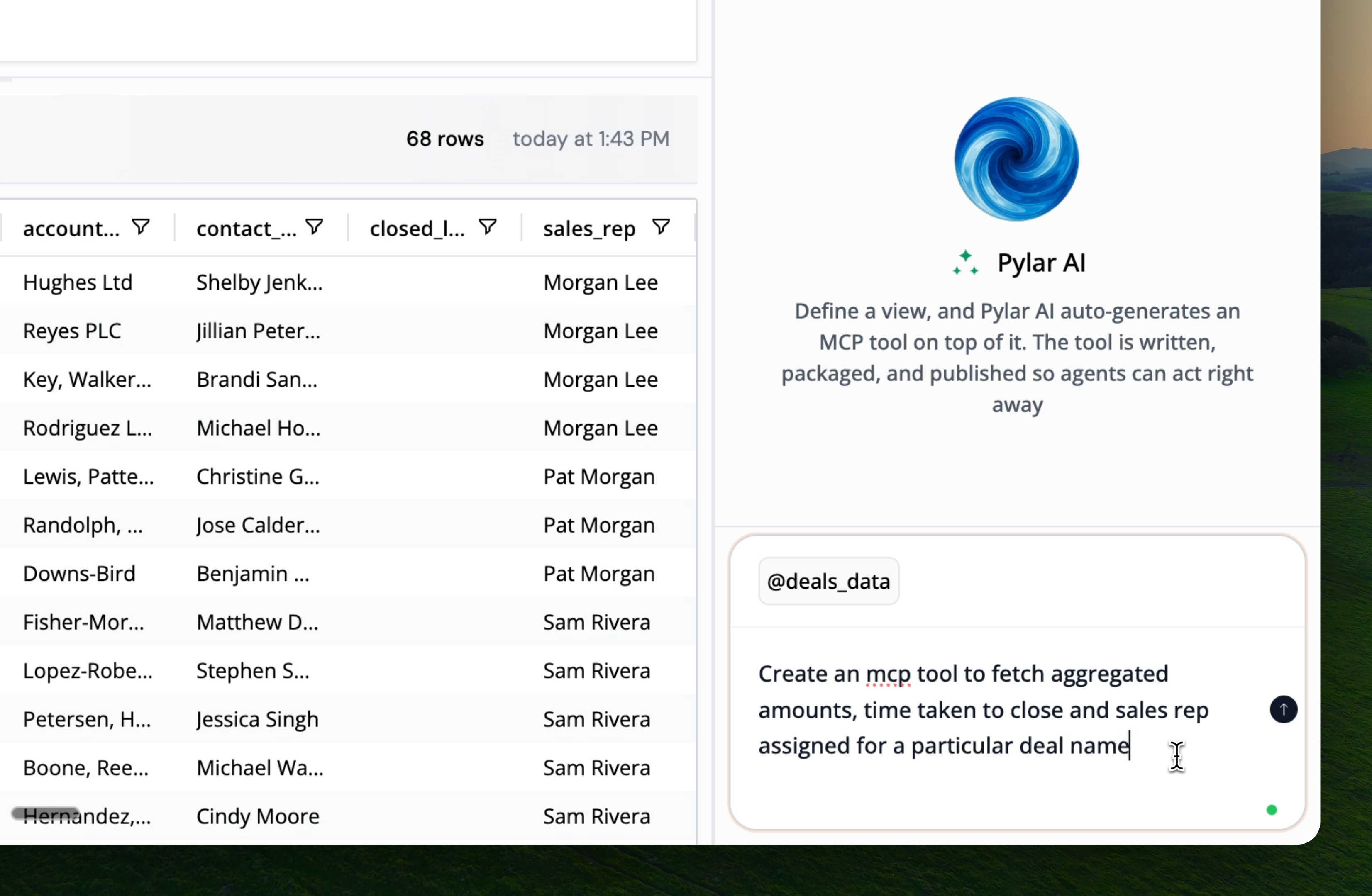 AI-powered MCP tool creation interface in Pylar showing natural language input and generated tool