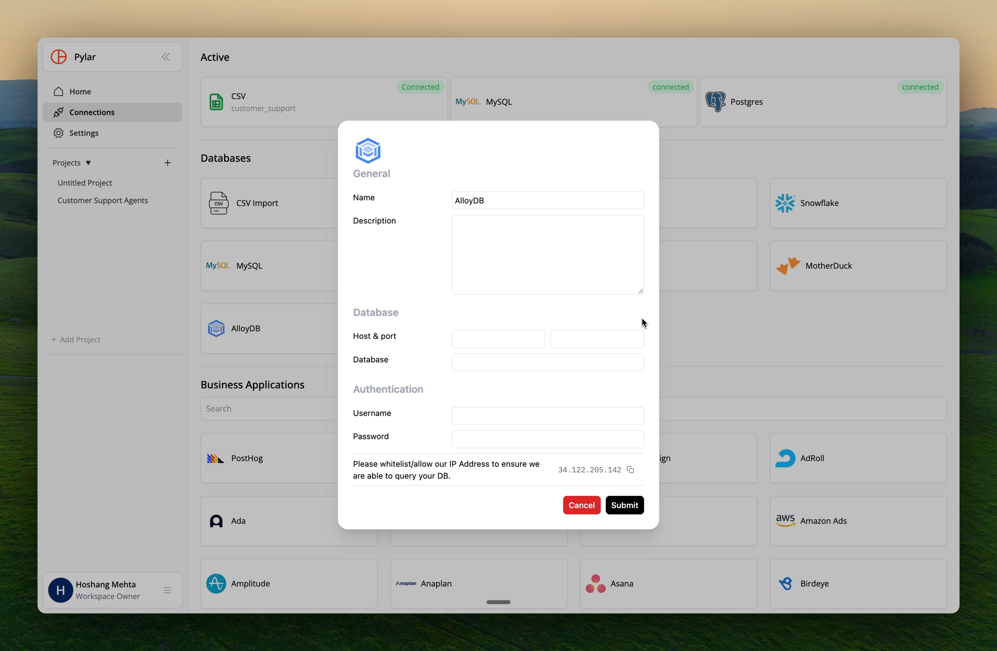 AlloyDB SSH connection setup screen in Pylar