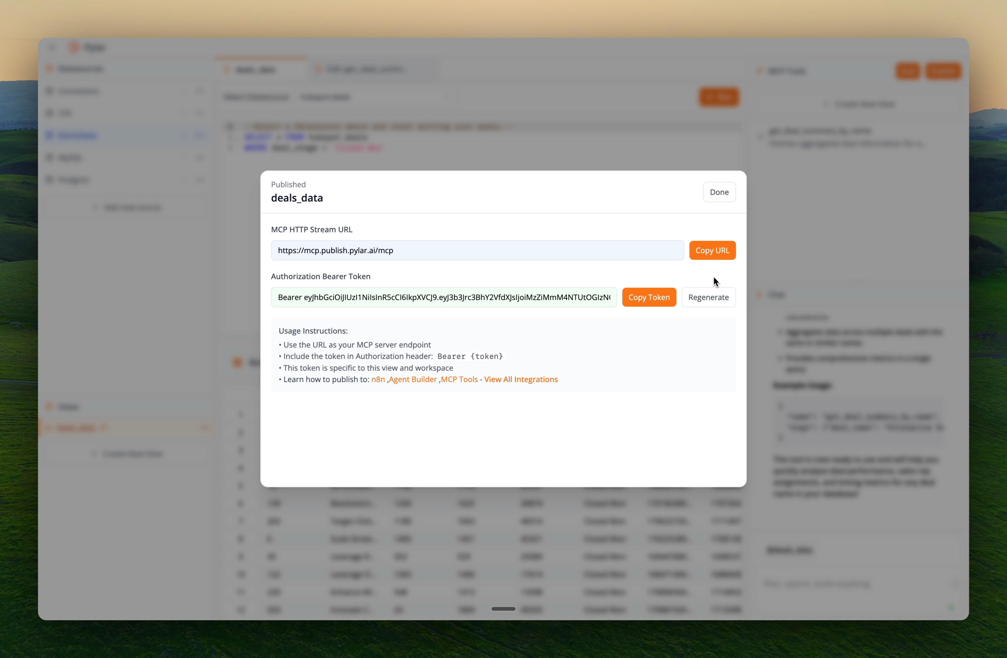 Authorization Bearer Token generation screen showing MCP HTTP Stream URL and token