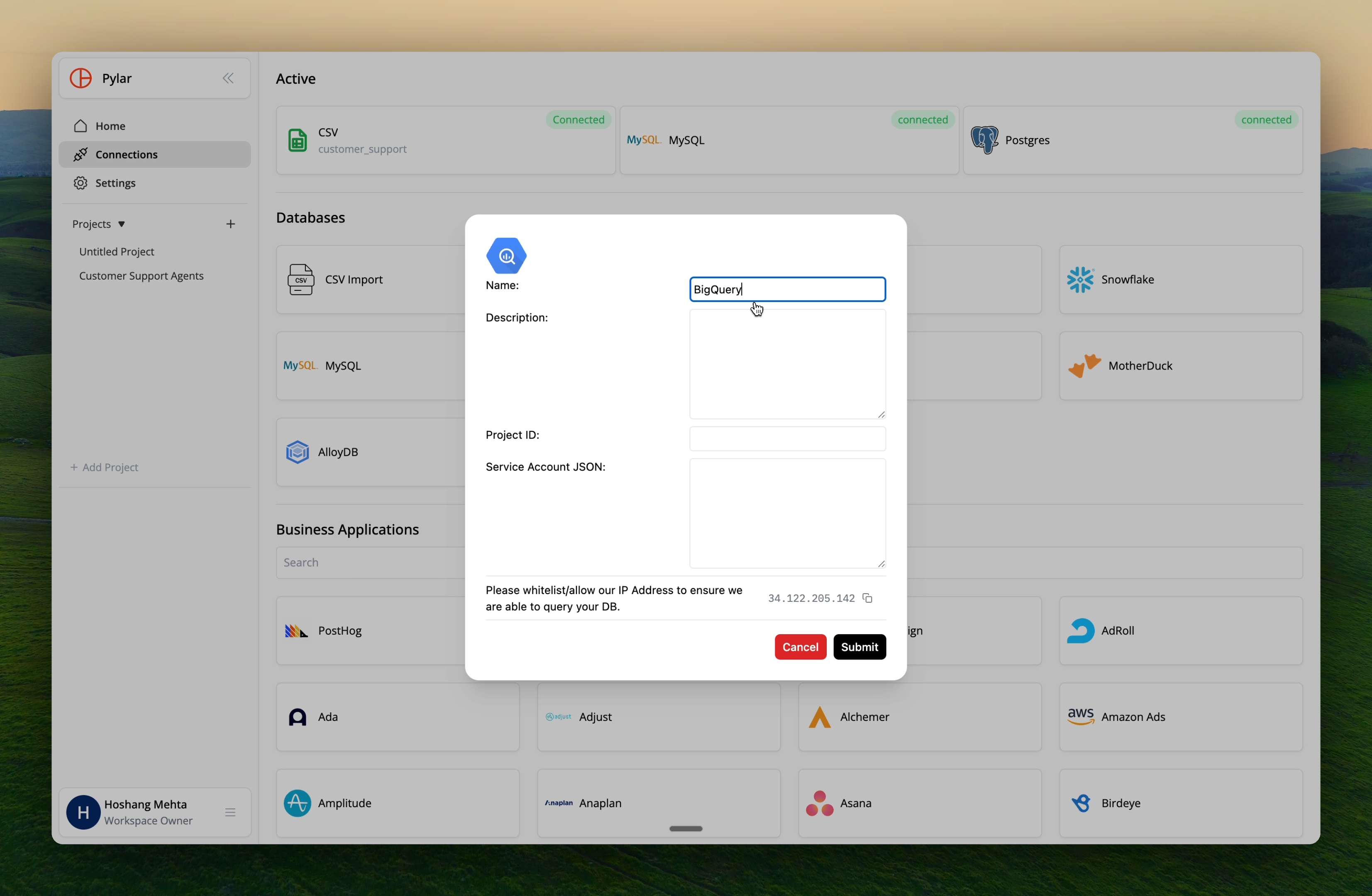 BigQuery connection setup screen in Pylar