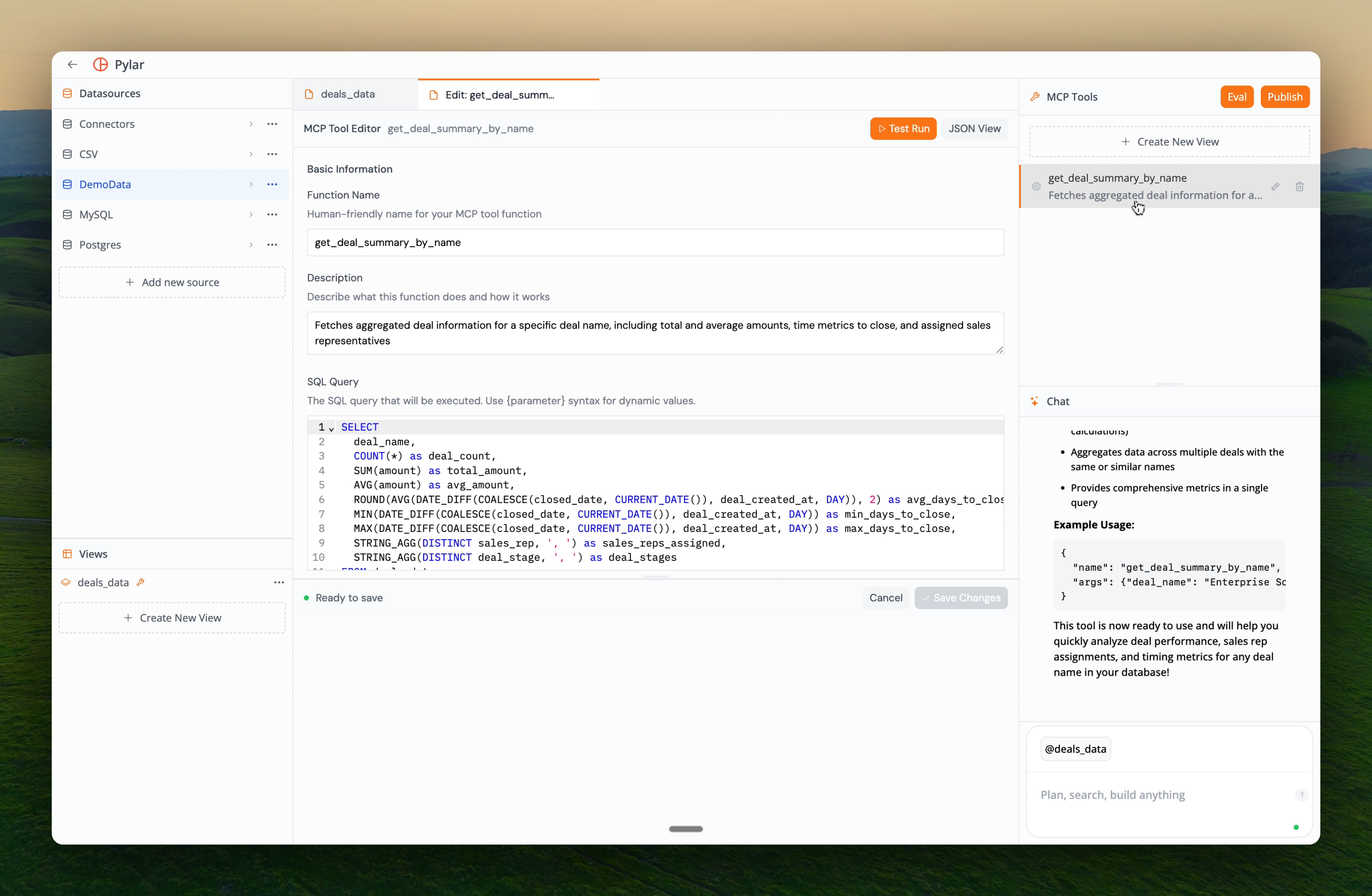 MCP tool details view showing function name, description, SQL query, and parameters