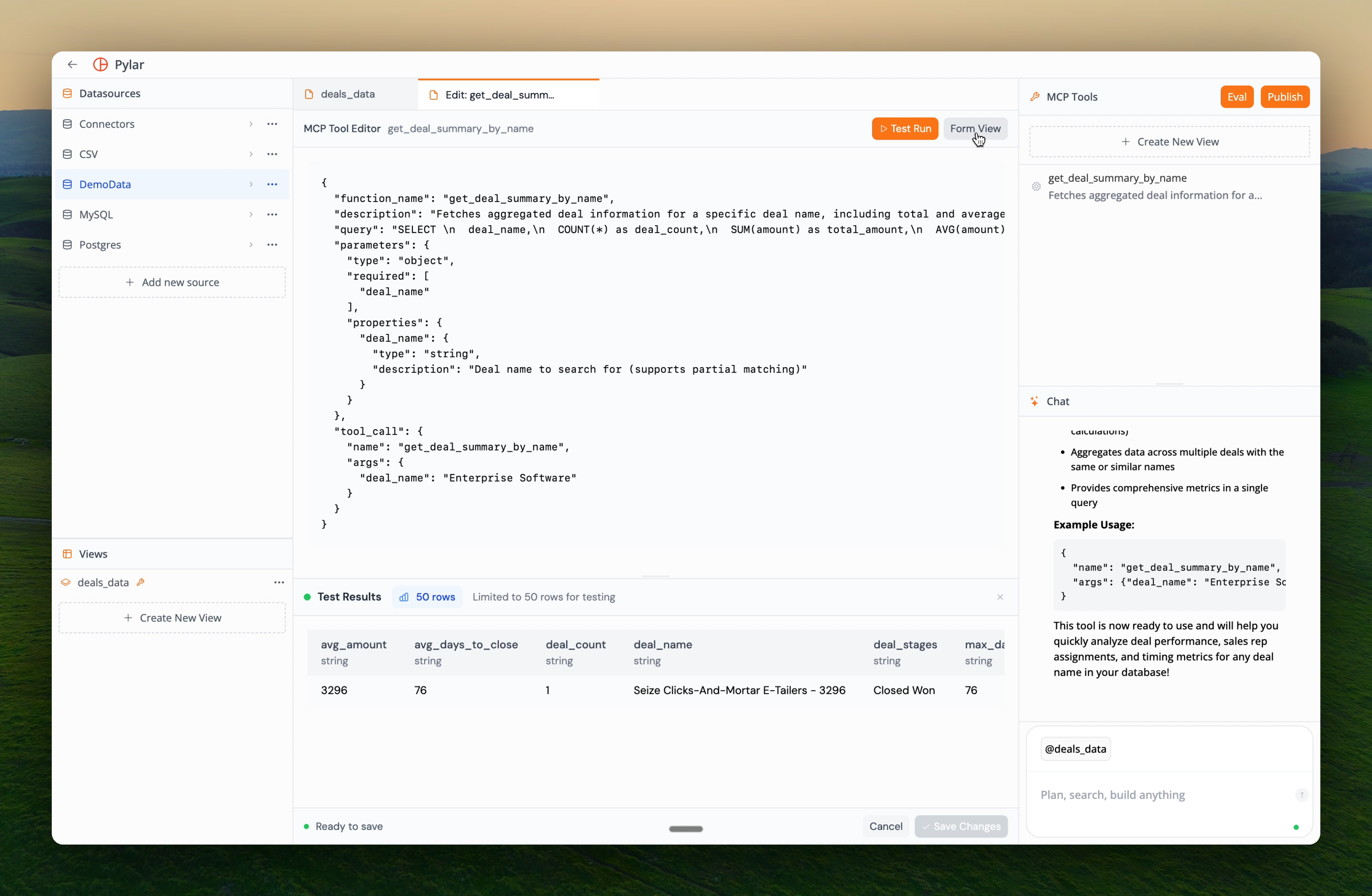 MCP tool JSON structure view showing the complete tool configuration
