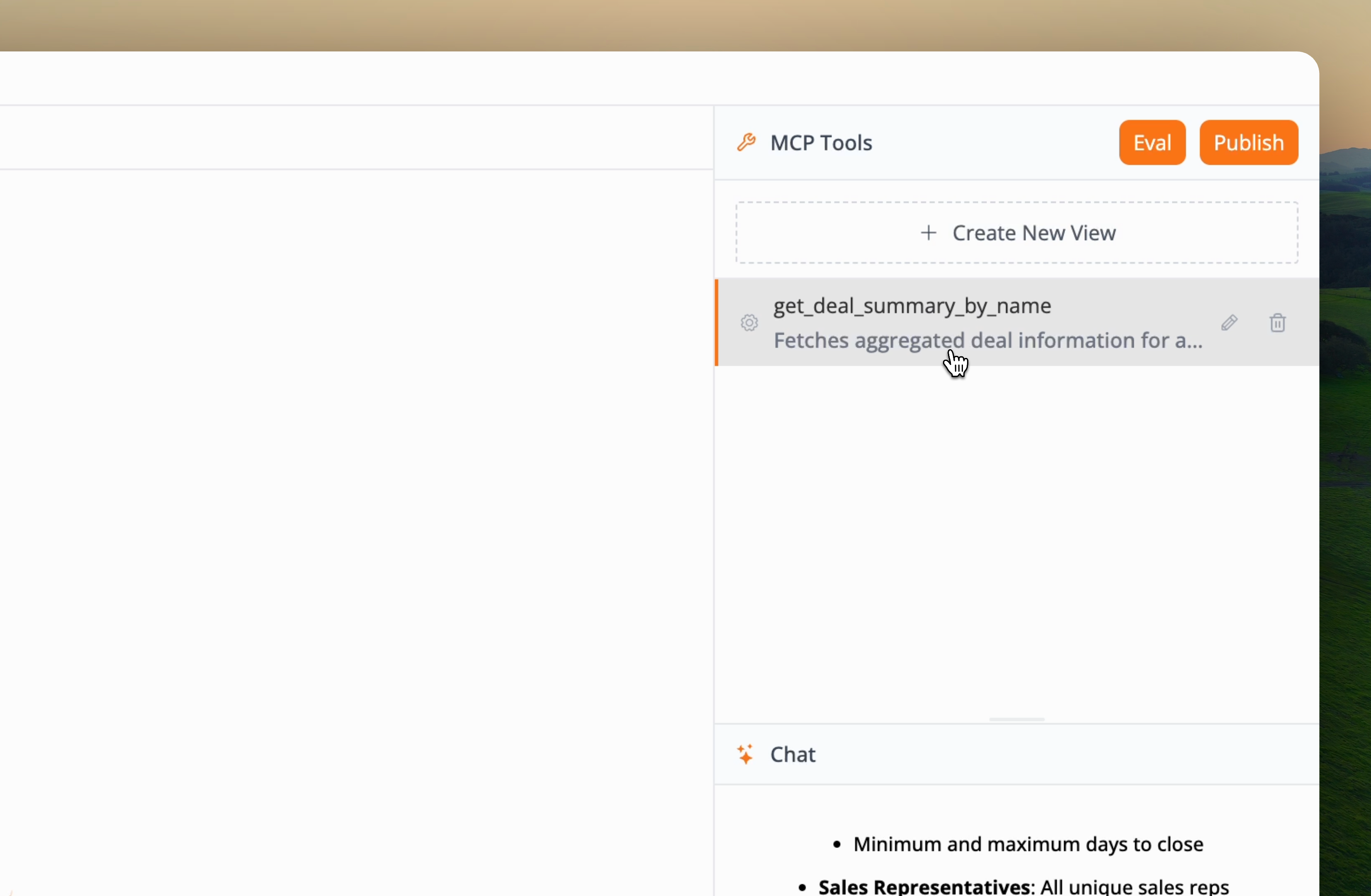 MCP Tools section in Pylar showing available tools and create tool option