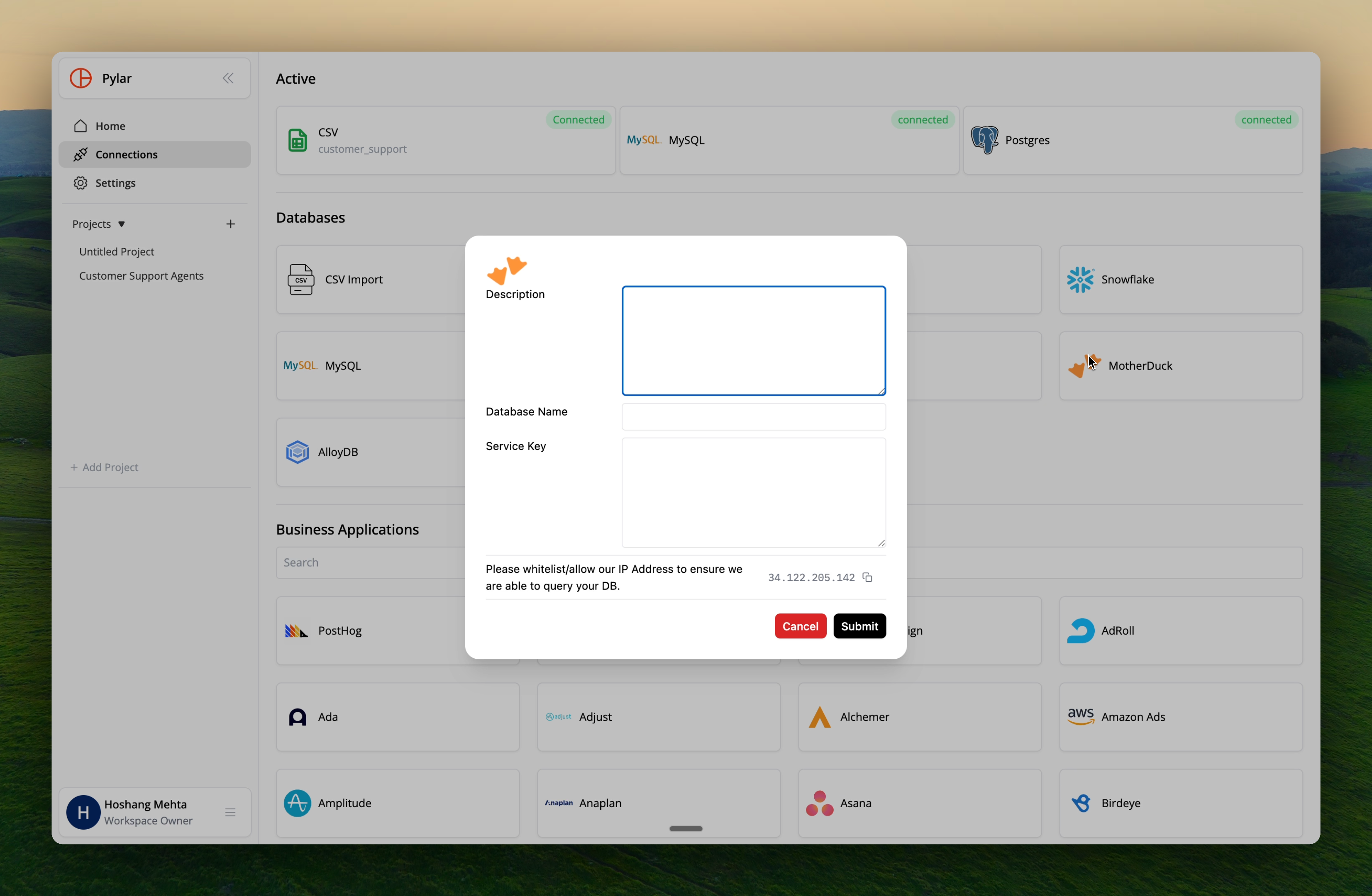 MotherDuck connection setup screen in Pylar