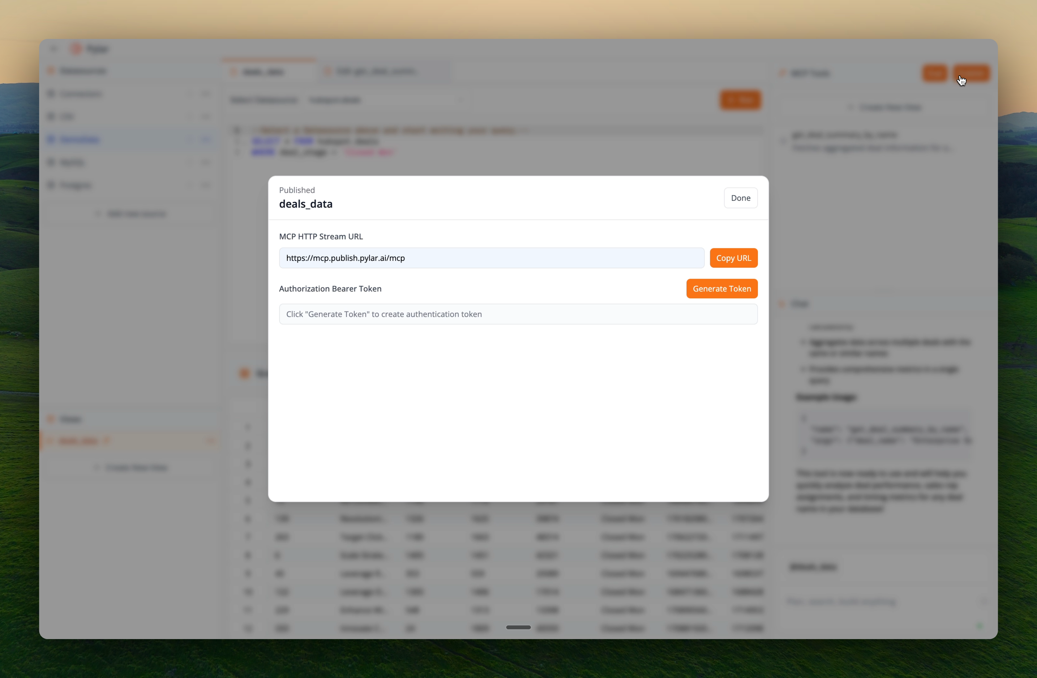 Publish MCP tools screen in Pylar showing publish button and tool list