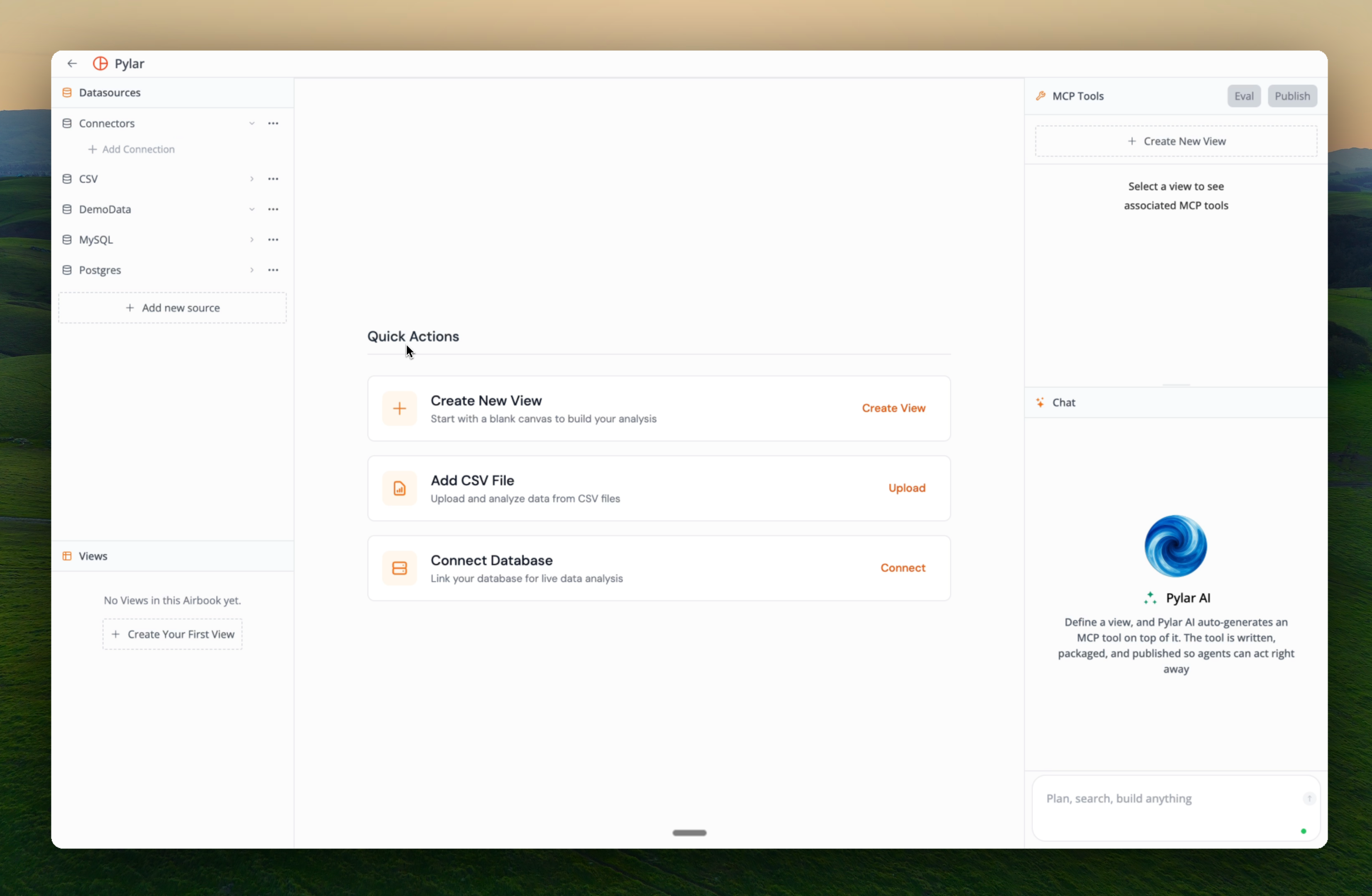 Pylar interface showing project view with create view option