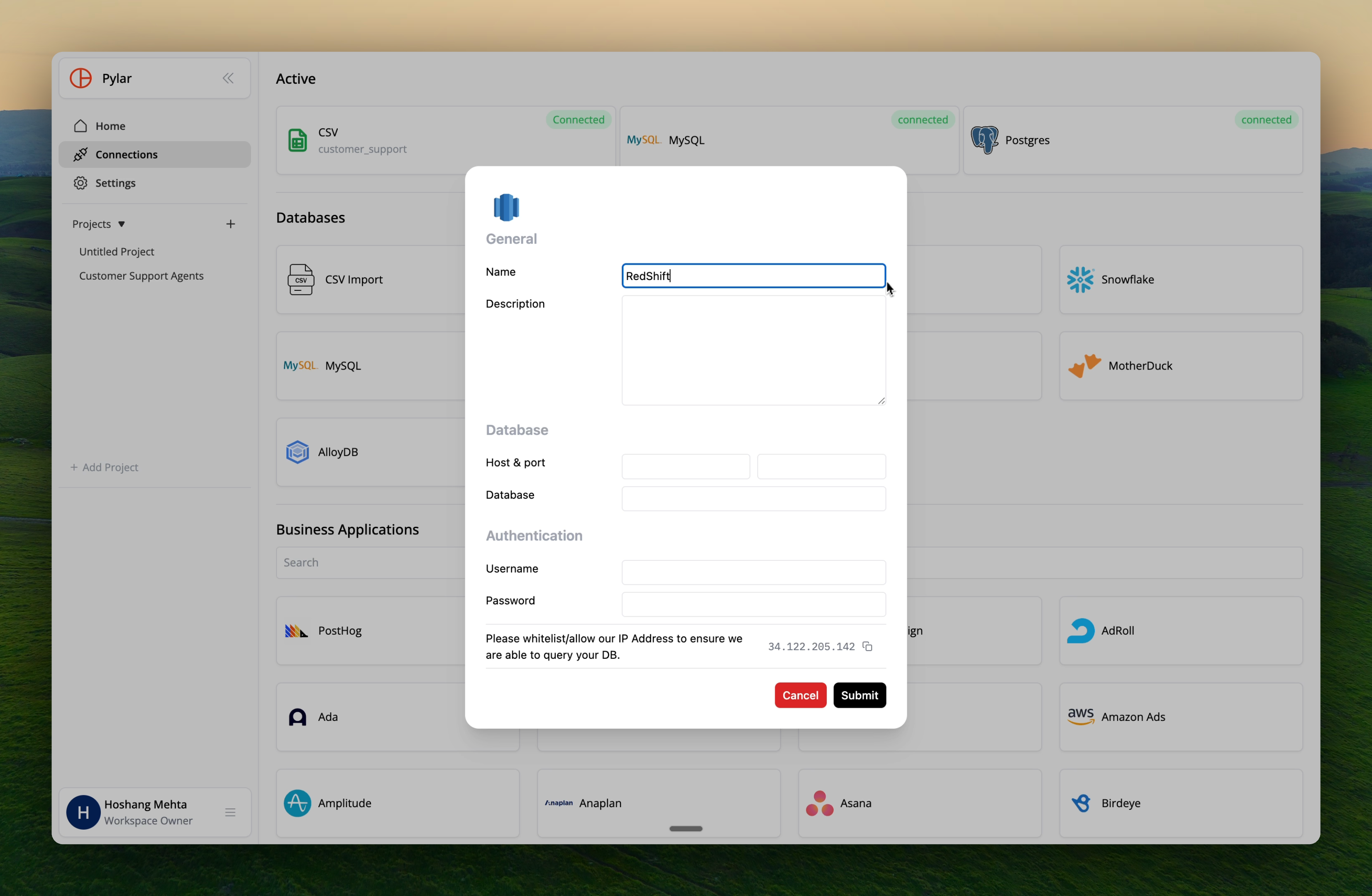 Redshift connection setup screen in Pylar