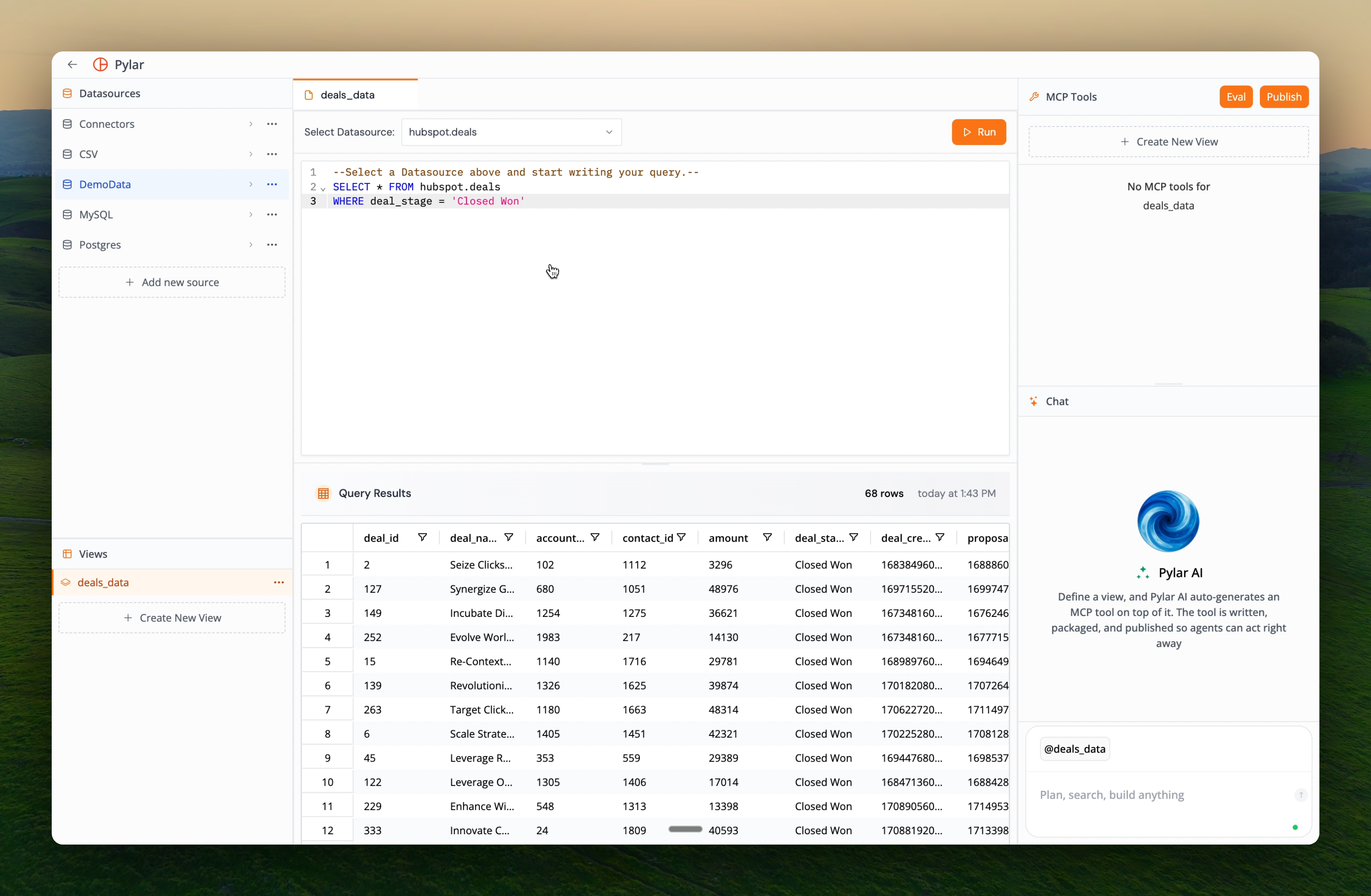 Query results displayed in Pylar SQL IDE showing data table and execution metadata