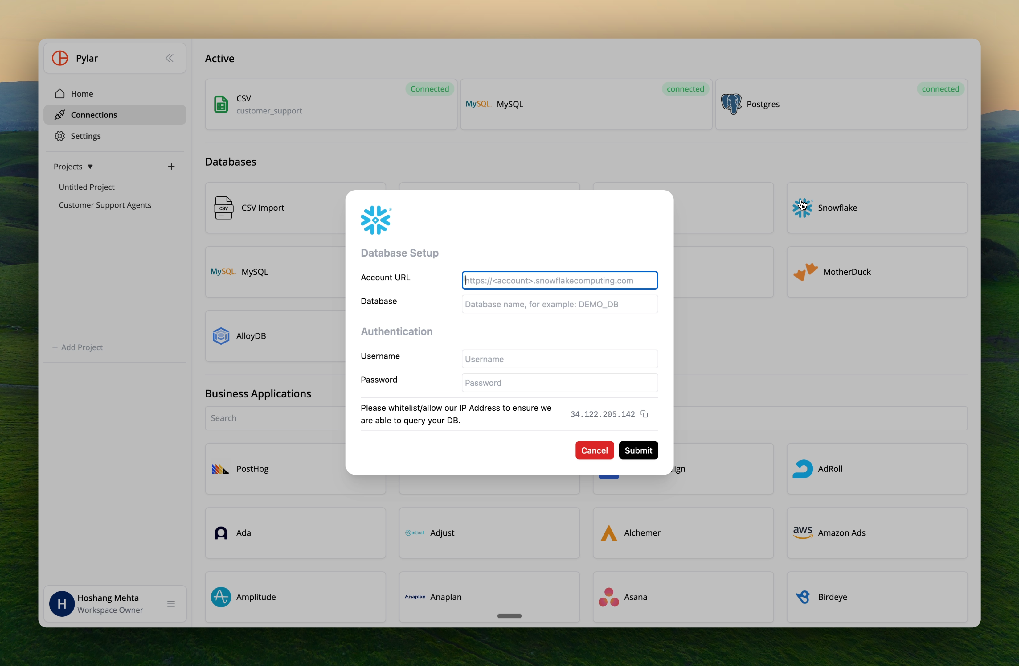 Snowflake connection setup screen in Pylar