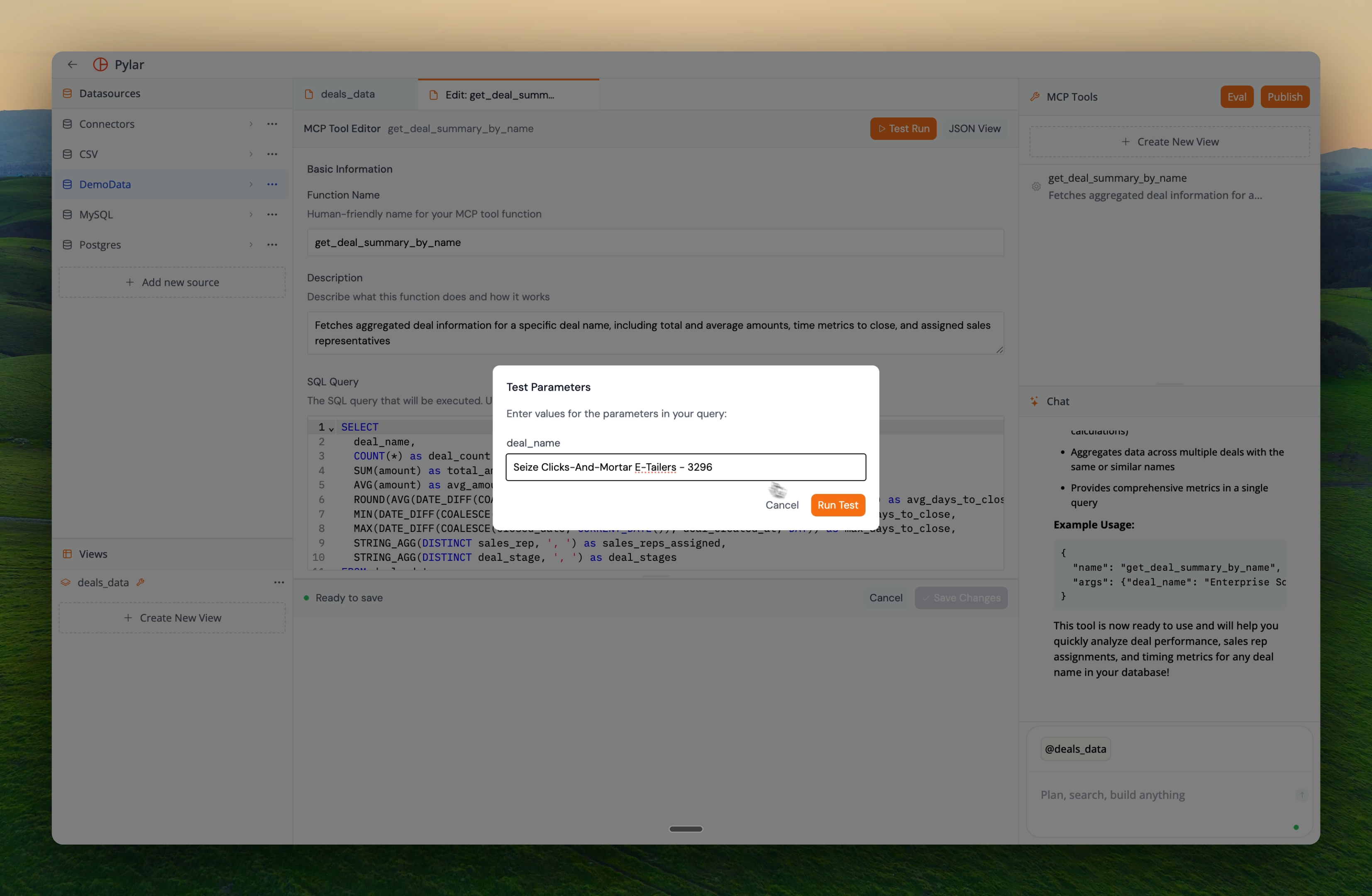 MCP tool testing interface showing test run button and test parameters