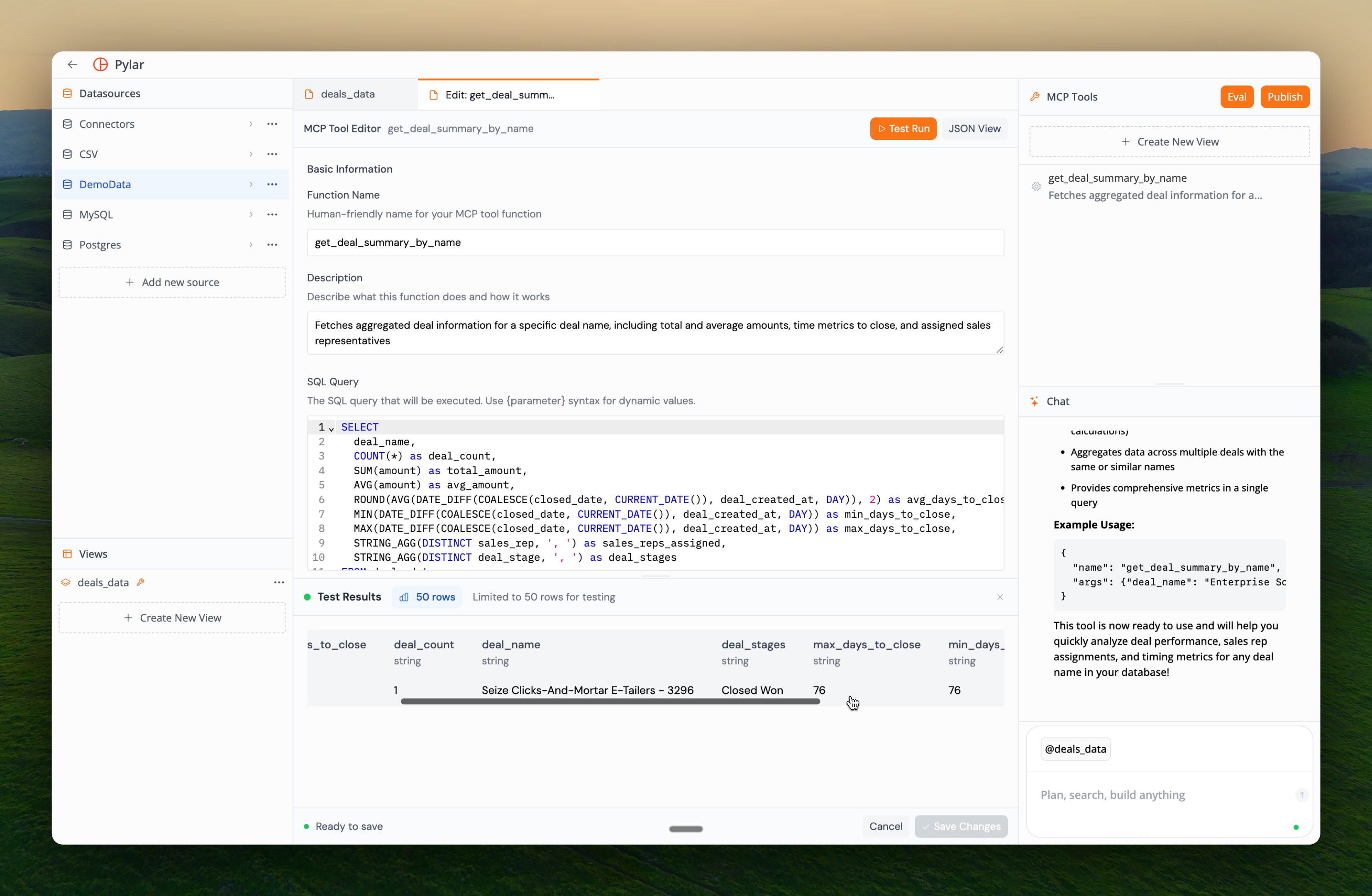 MCP tool test results showing query execution, returned data, and success status