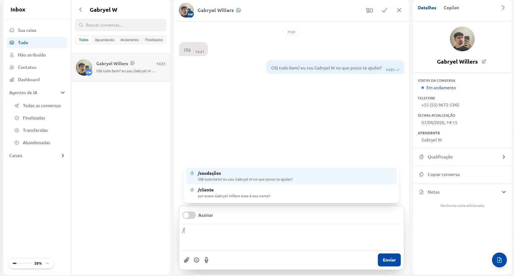 Menu de mensagens rápidas no inbox