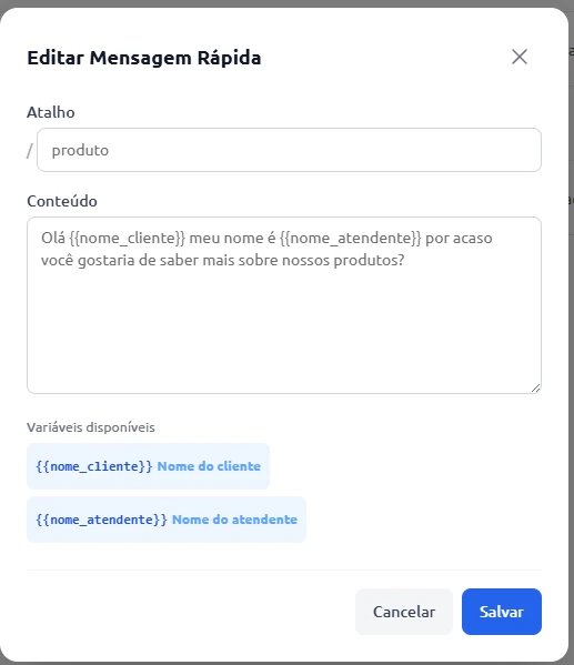 Modal de criação de mensagem rápida