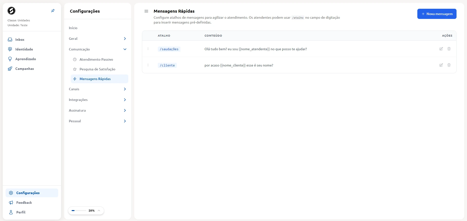Página de configurações de mensagens rápidas