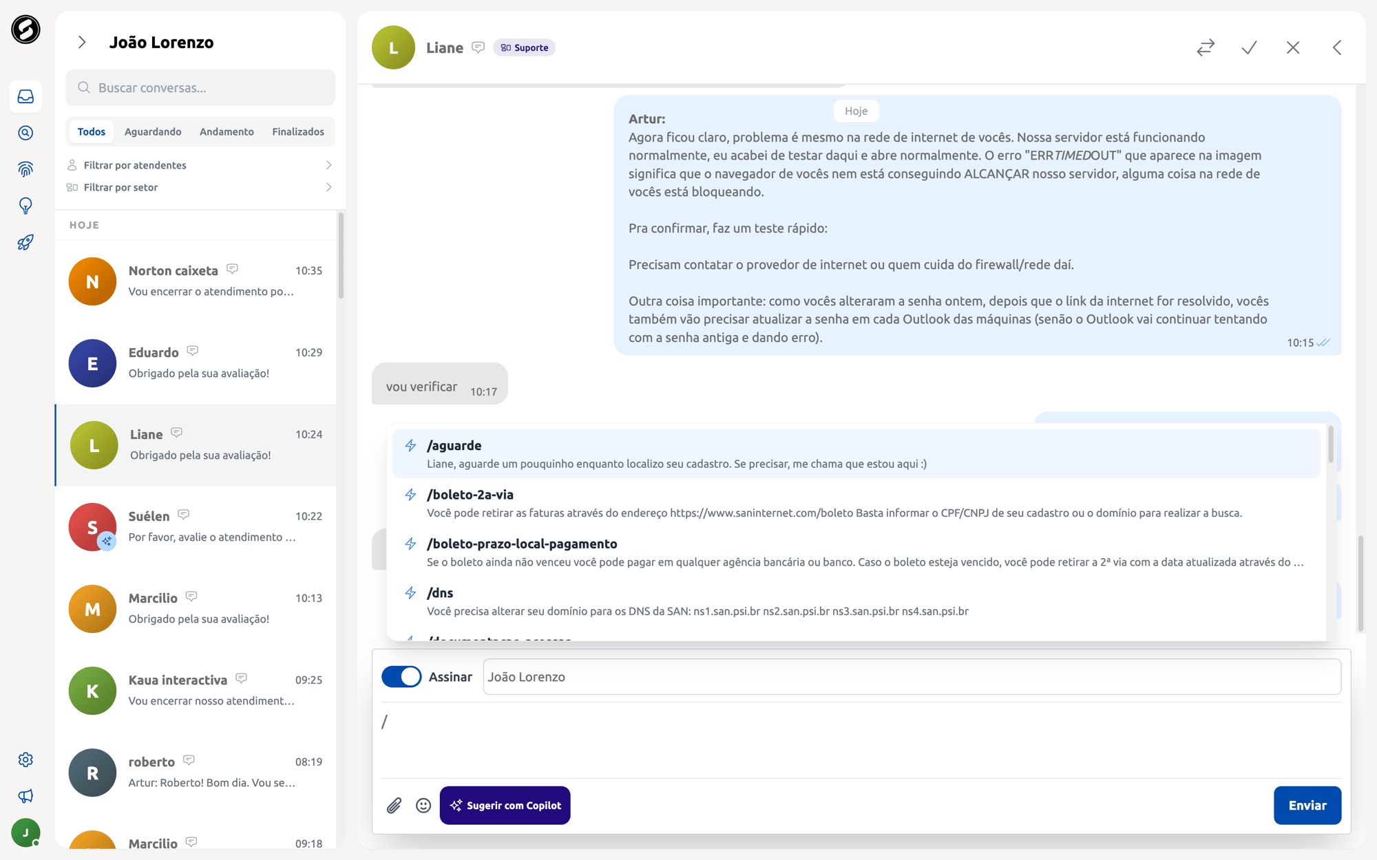 Menu de mensagens rápidas no inbox