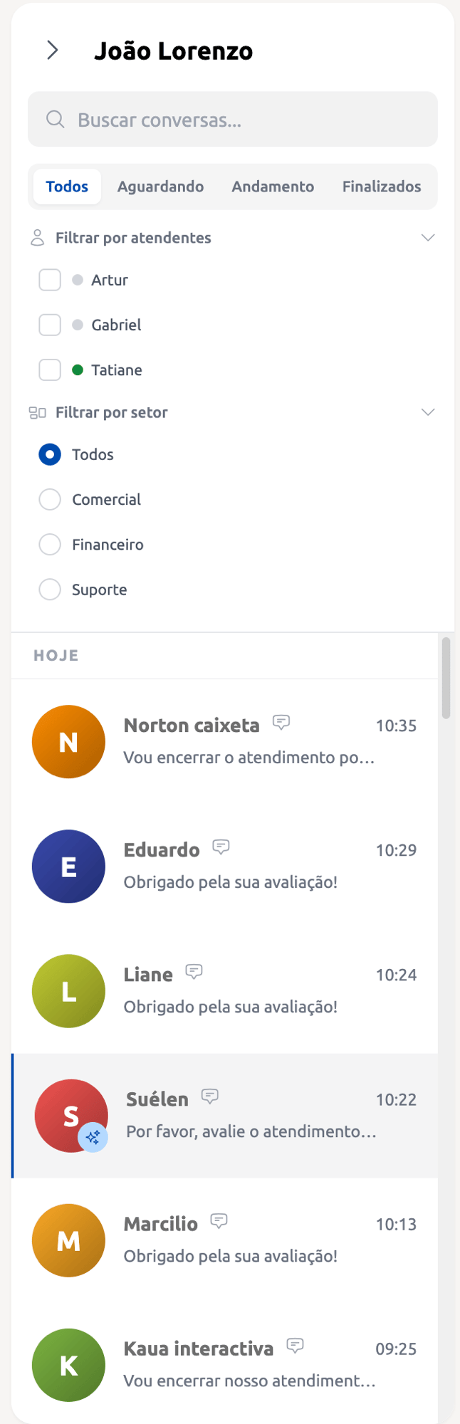 Filtros do Inbox por atendente e setor