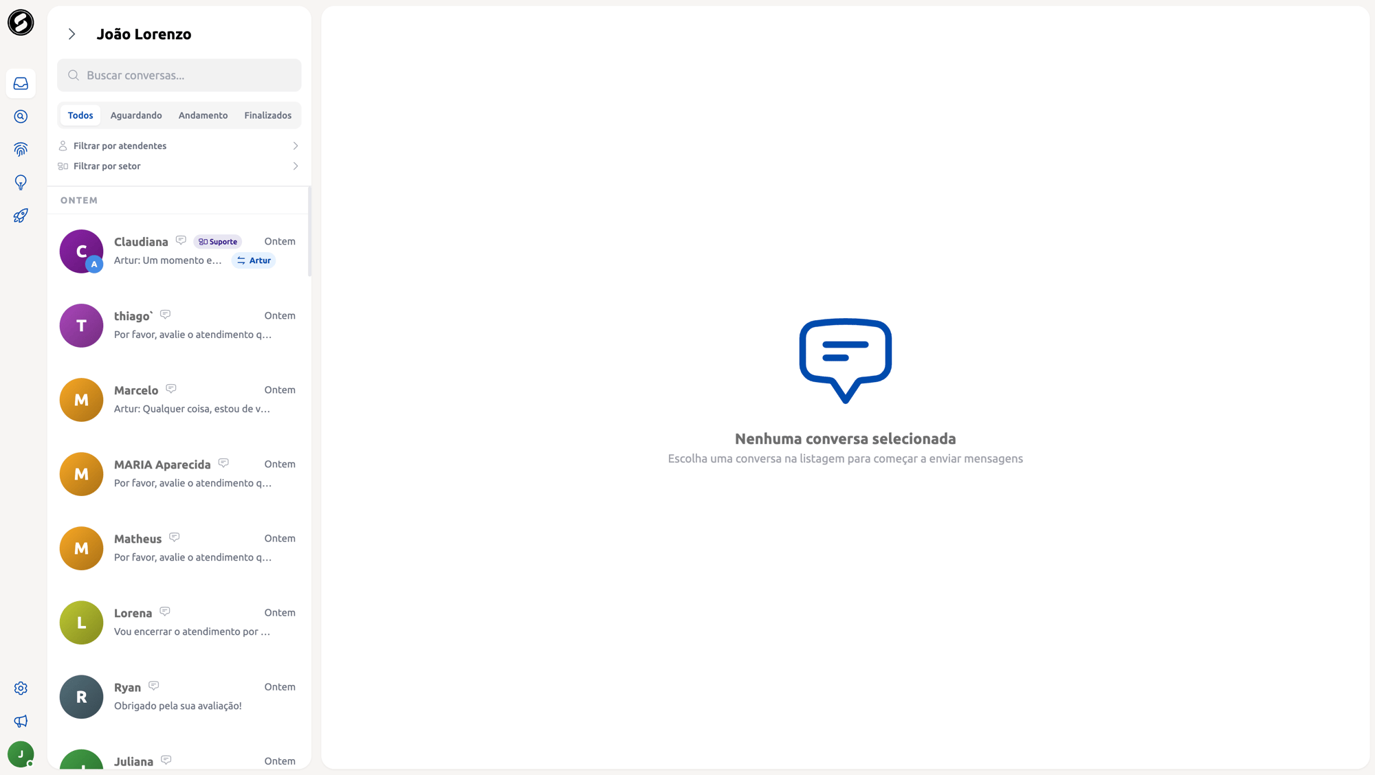 Inbox do Talk AI com lista de conversas e filtros