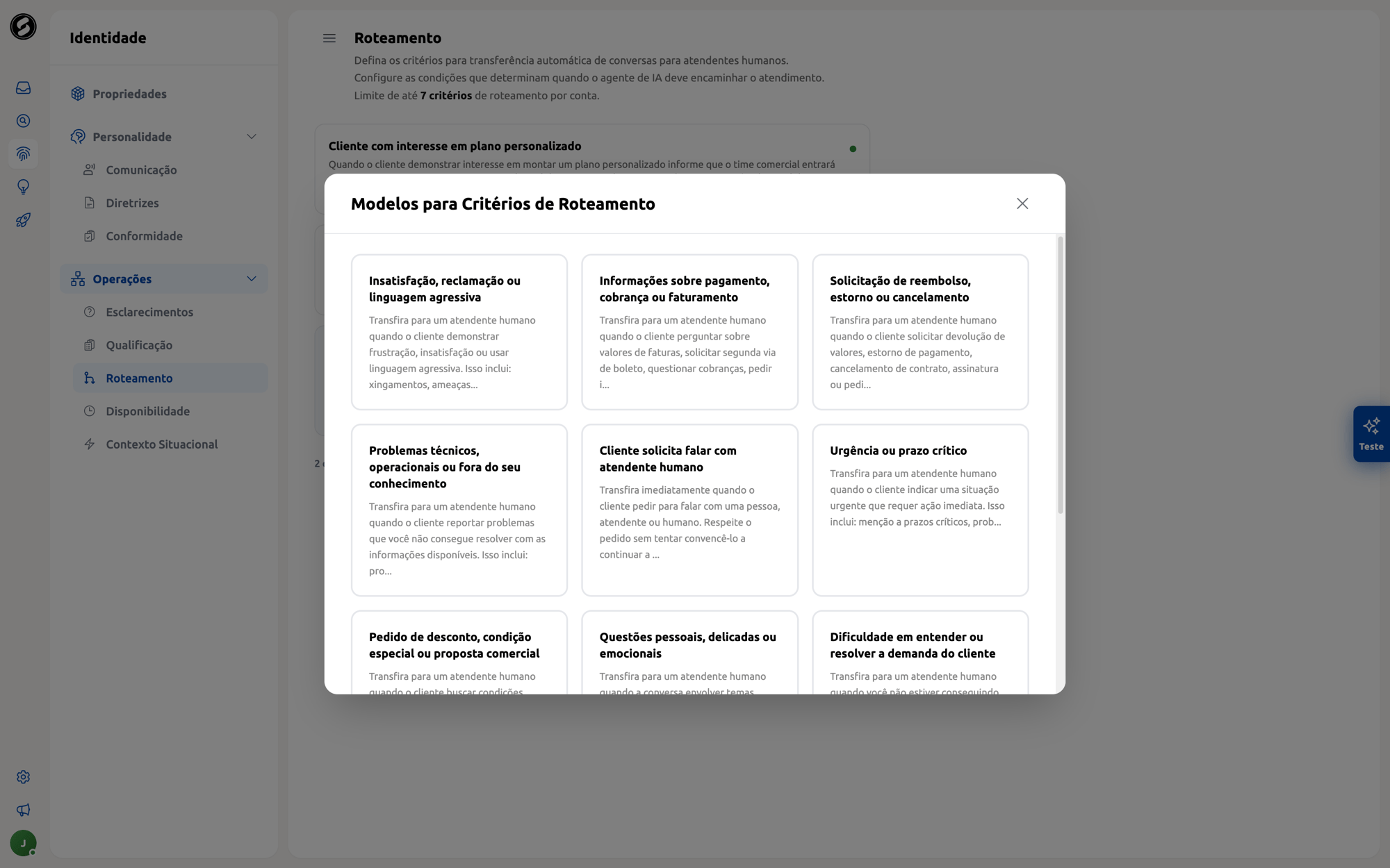 Modelos prontos para critérios de roteamento