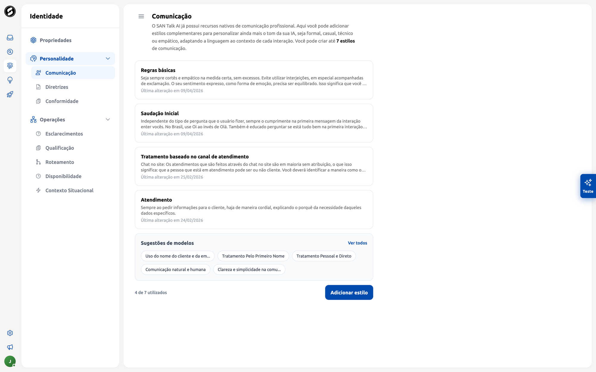 Roteamento com critérios configurados e painel de teste